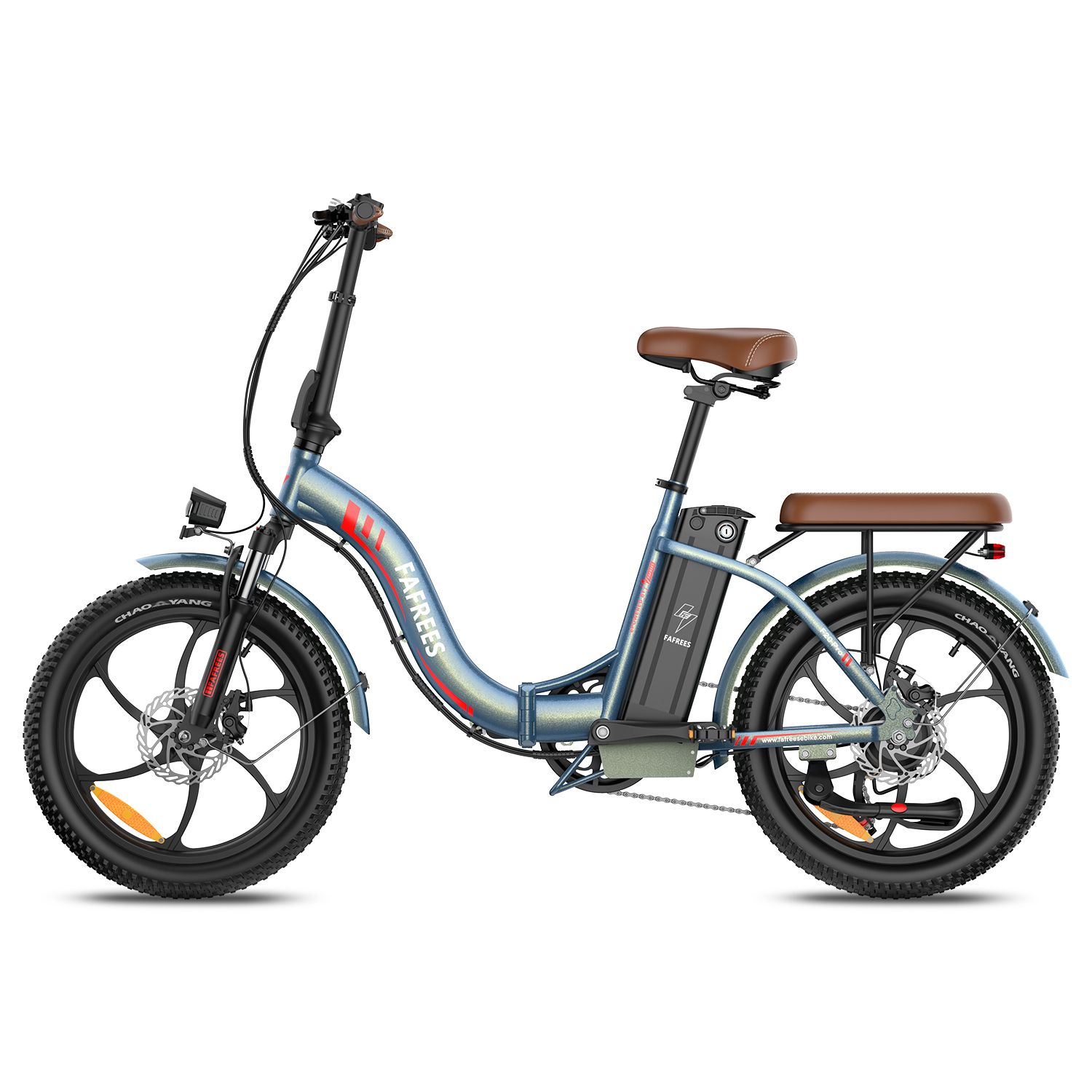 E-bike pieghevole FAFREES. Telaio blu-grigio, sella marrone. Batteria sul telaio. Pneumatici larghi.