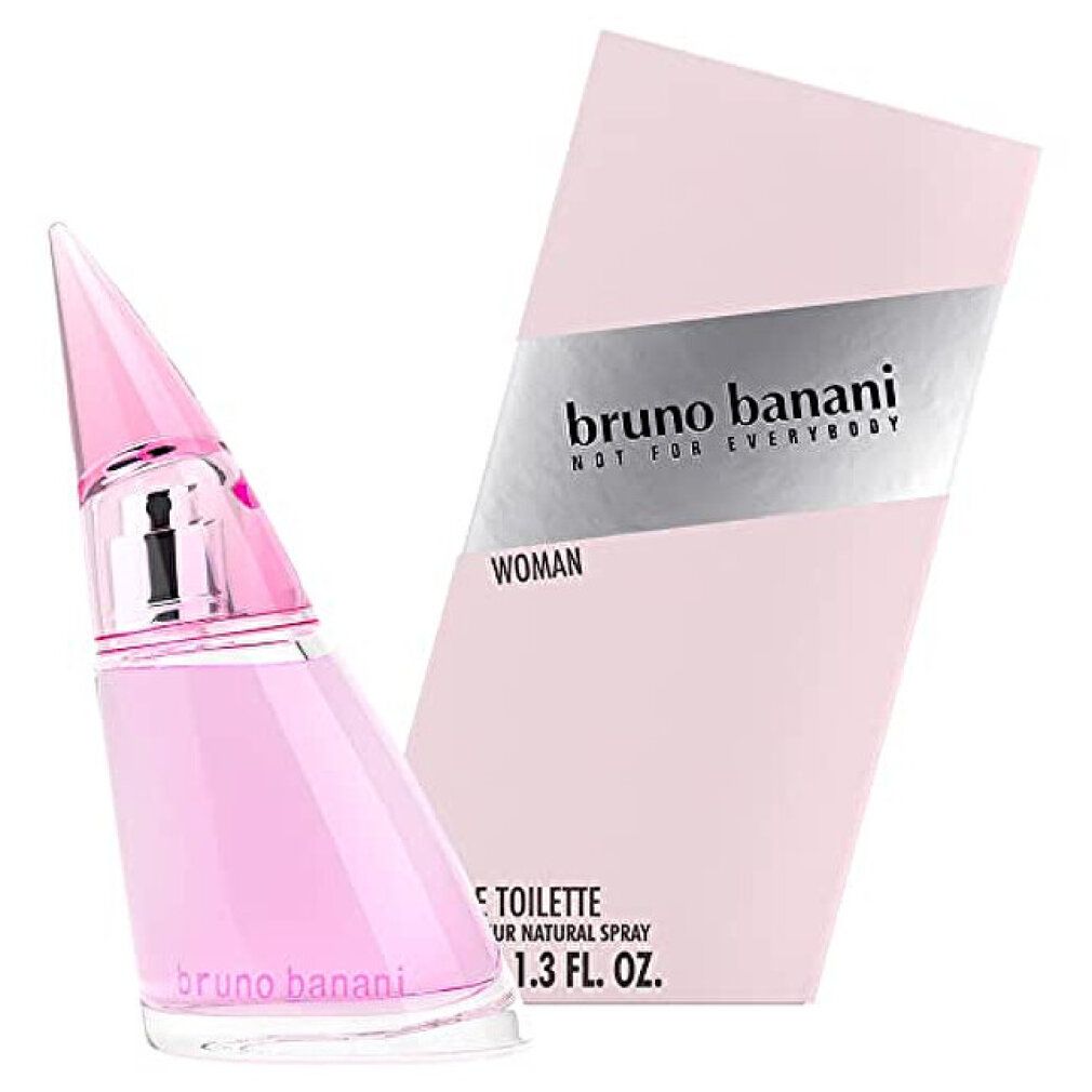 Flacone di Eau de Toilette rosa con forma inclinata e confezione rosa. Scritta: Bruno Banani Woman.