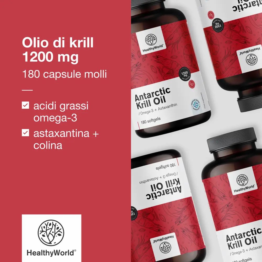 Tre bottiglie di Antarctic Krill Oil. Sfondo rosso. Testo: Olio di krill 1200 mg. Logo: HealthyWorld.