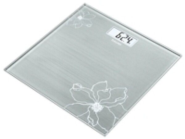 Bilancia in vetro con motivo floreale. Display digitale con peso. Marchio Beurer. Forma quadrata, vetro argentato.