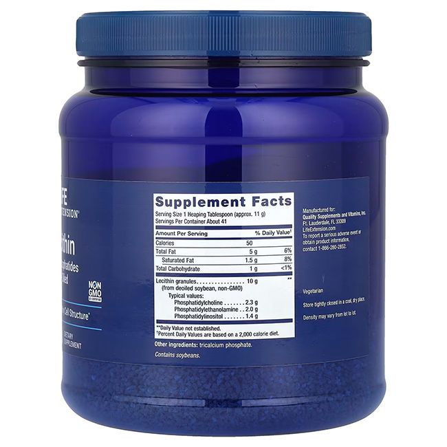 Retro del contenitore Life Extension Lecithin Powder. Mostra 'Supplement Facts' con informazioni nutrizionali e ingredienti.