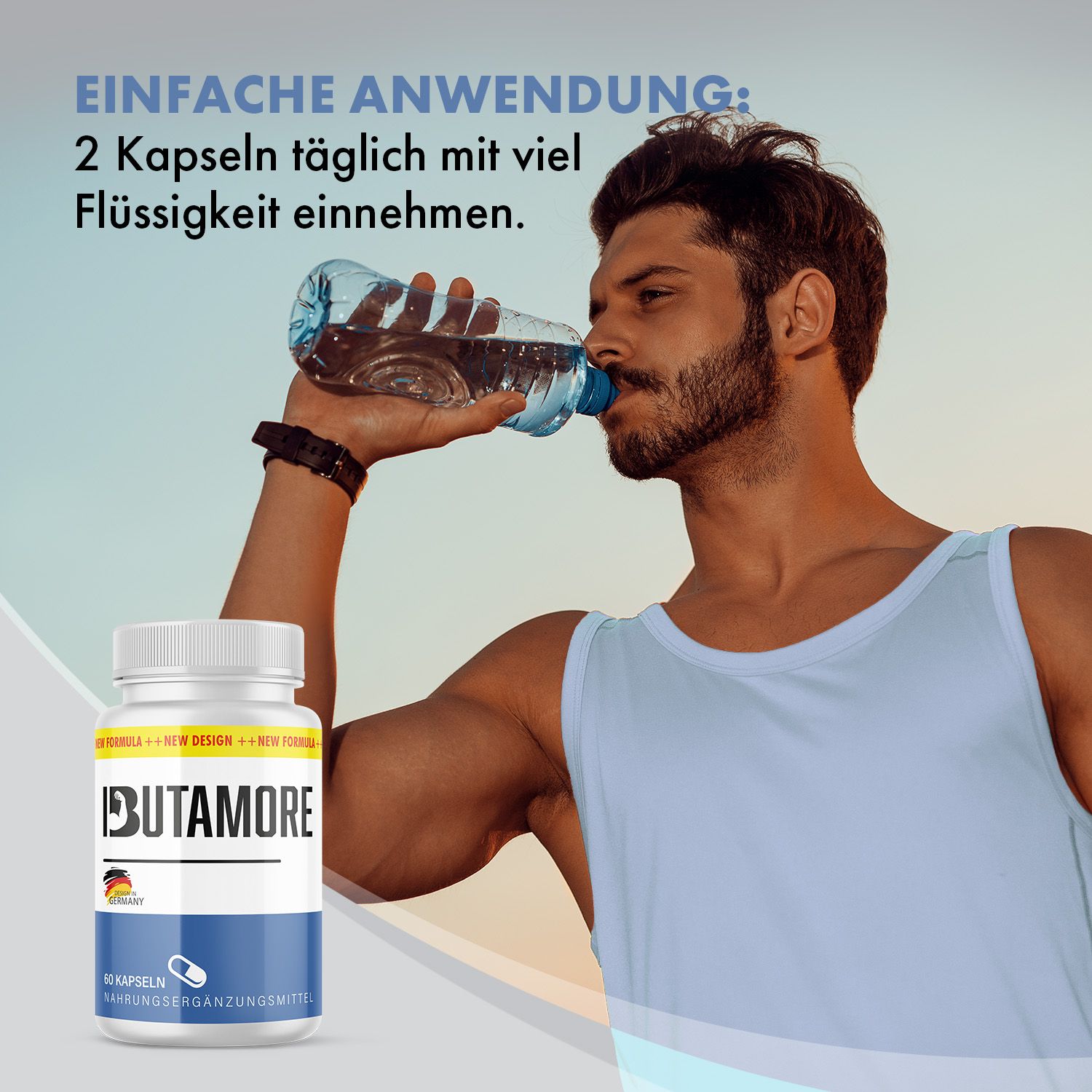 Uomo beve acqua da una bottiglia. Accanto, un flacone Ibutamore Kapseln. Scritta: 60 capsule. Confezione blu e bianca.