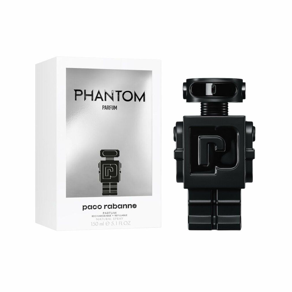 Flacone di profumo nero a forma di robot e confezione. Sulla confezione sono presenti le scritte "Phantom Parfum" e "Paco Rabanne".