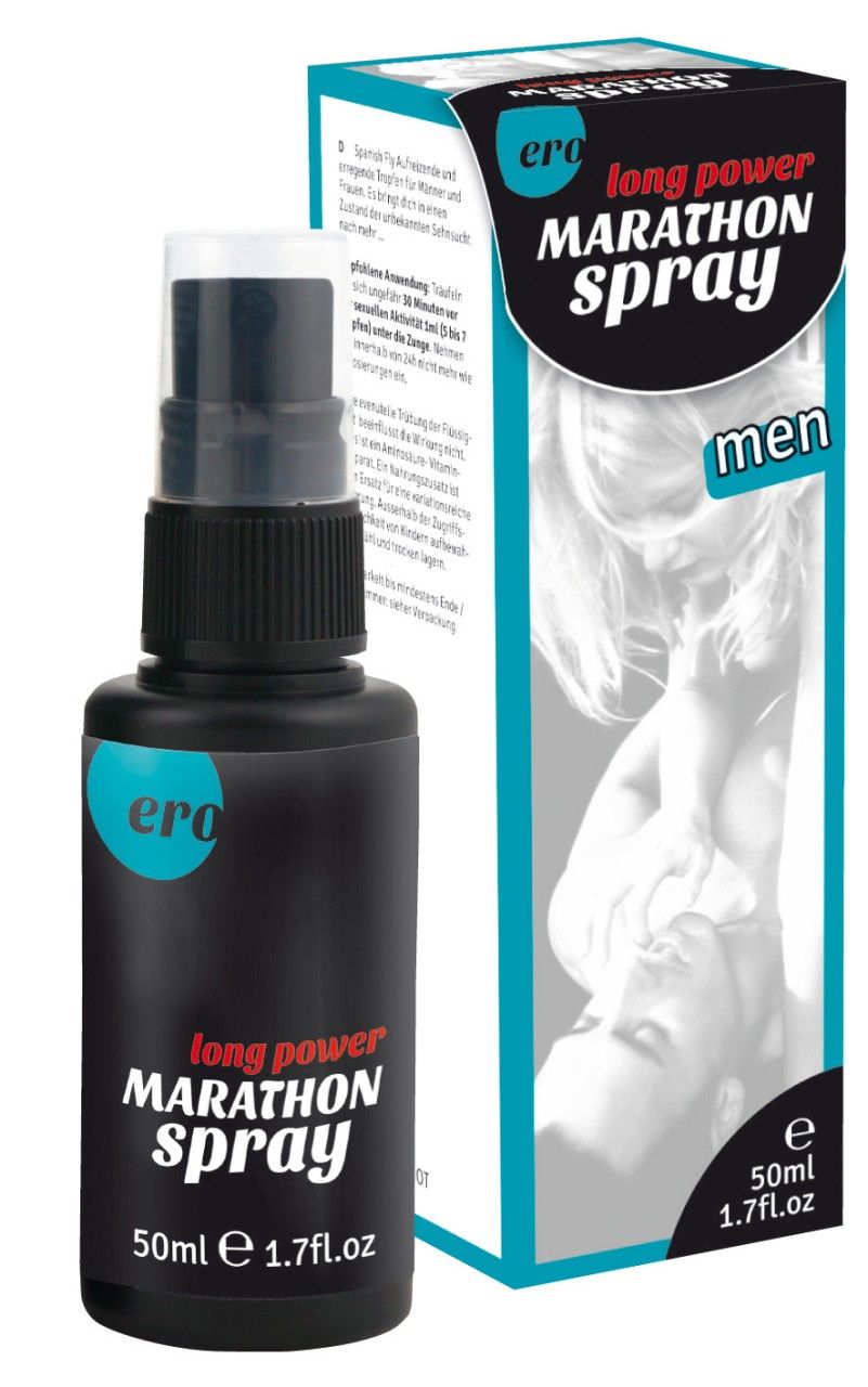 Prodotto e confezione: flacone spray "long power MARATHON spray" accanto alla scatola aperta.