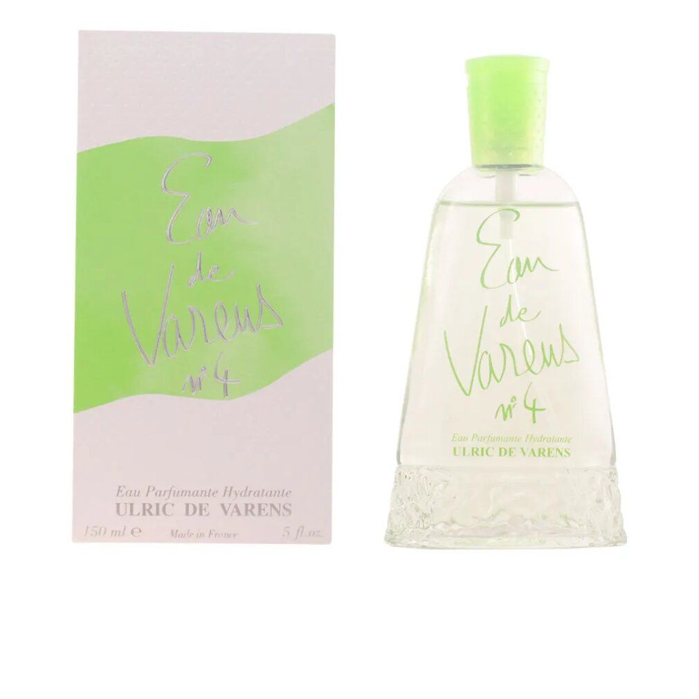 Flacone e confezione di Eau de Varens N°4. Flacone con tappo verde, scritta. Confezione con striscia verde e scritta.