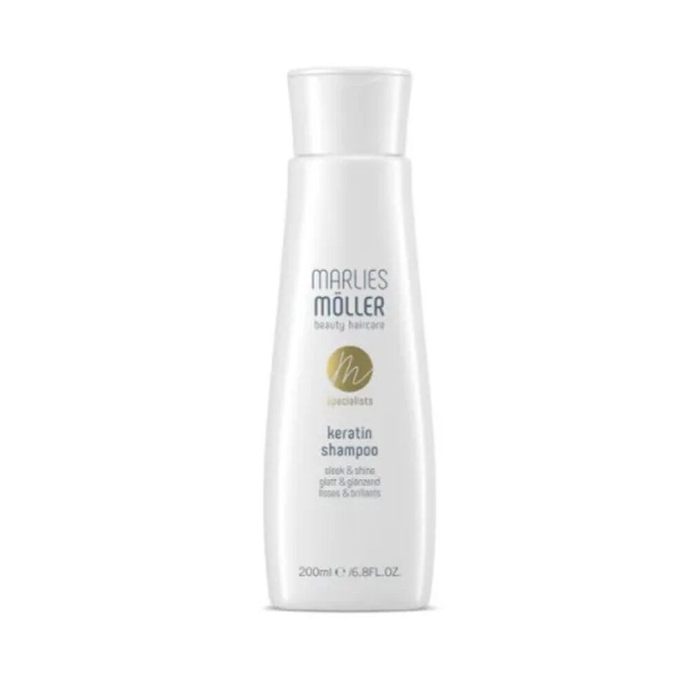 Flacone di shampoo bianco con scritta Marlies Möller Keratin Shampoo. Volume: 200ml.