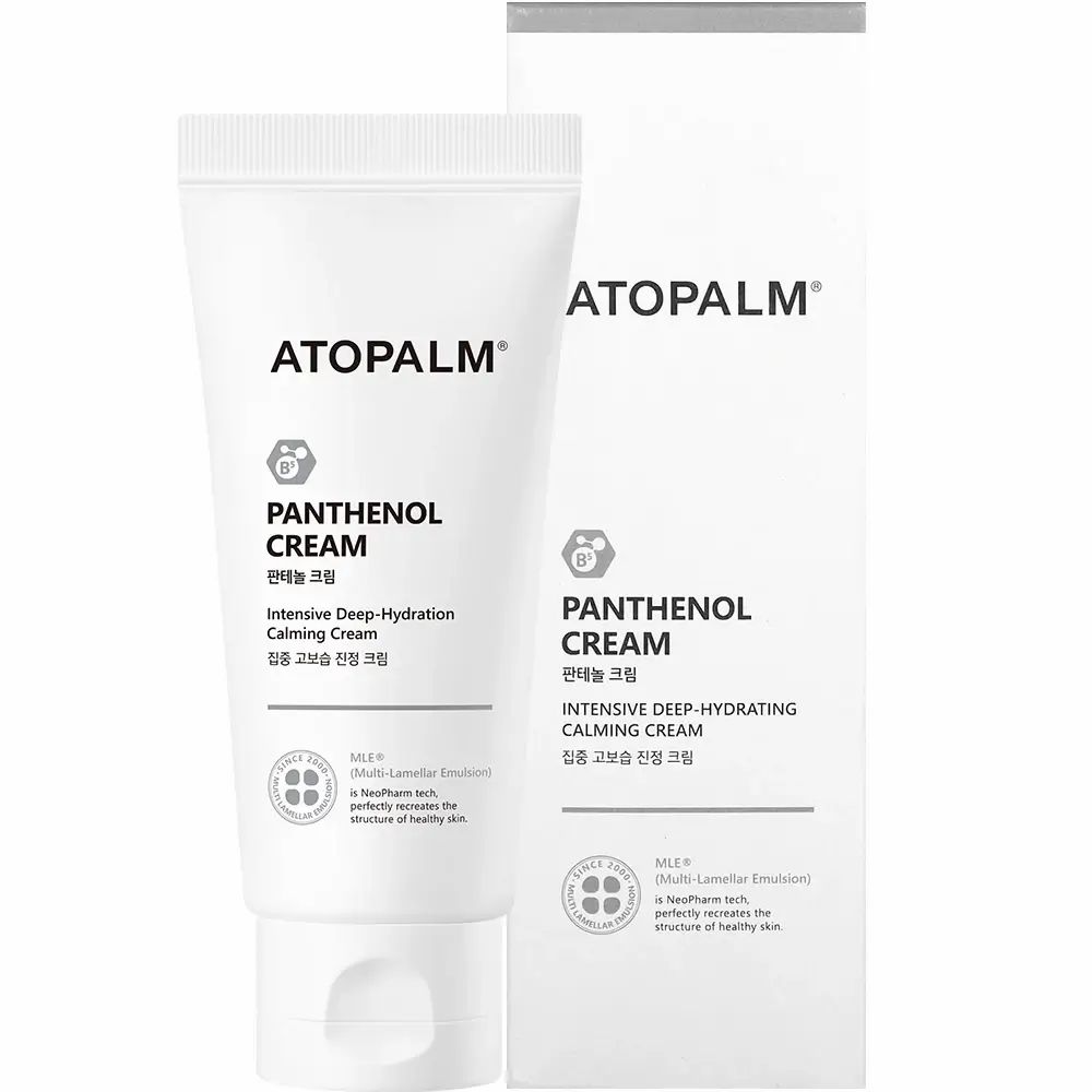 Tubo e confezione con nome e logo del prodotto. Scritta: ATOPALM, Panthenol Cream. Testo: Intensive Deep-Hydration Calming Cream.