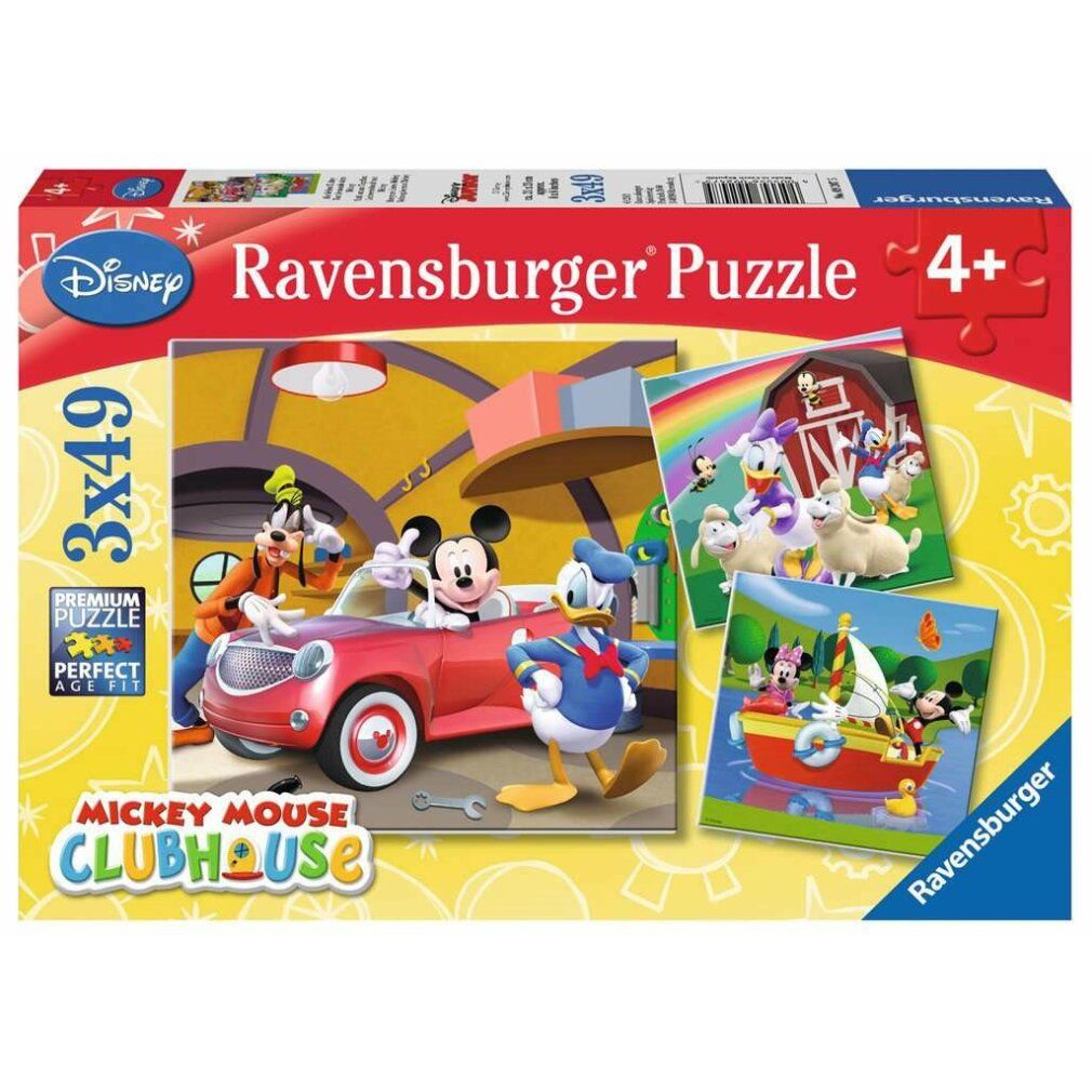 Scatola puzzle Mickey Mouse Clubhouse. Contiene 3 puzzle da 49 pezzi ciascuno. Logo Disney e marchio Ravensburger visibili.