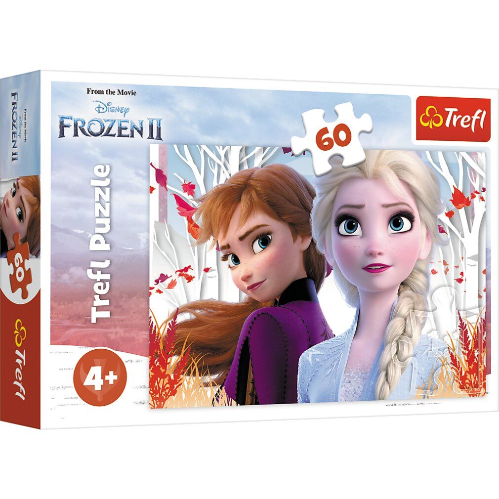 Puzzle 60 pezzi Disney Frozen II. Scatola con Anna ed Elsa. Marchio Trefl. Età consigliata 4+.
