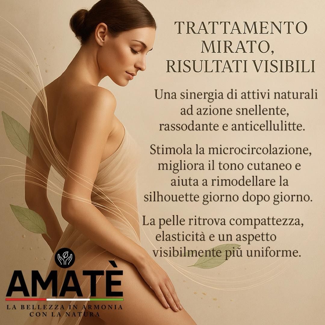 Donna in piedi, testo sulla cura della pelle. Marchio: AMATÈ. Flacone del prodotto sullo sfondo. Focus sulla salute della pelle.