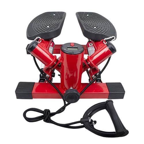 Stepper rosso con due pedane nere. Maniglie nere e display digitale. Corde elastiche attaccate.