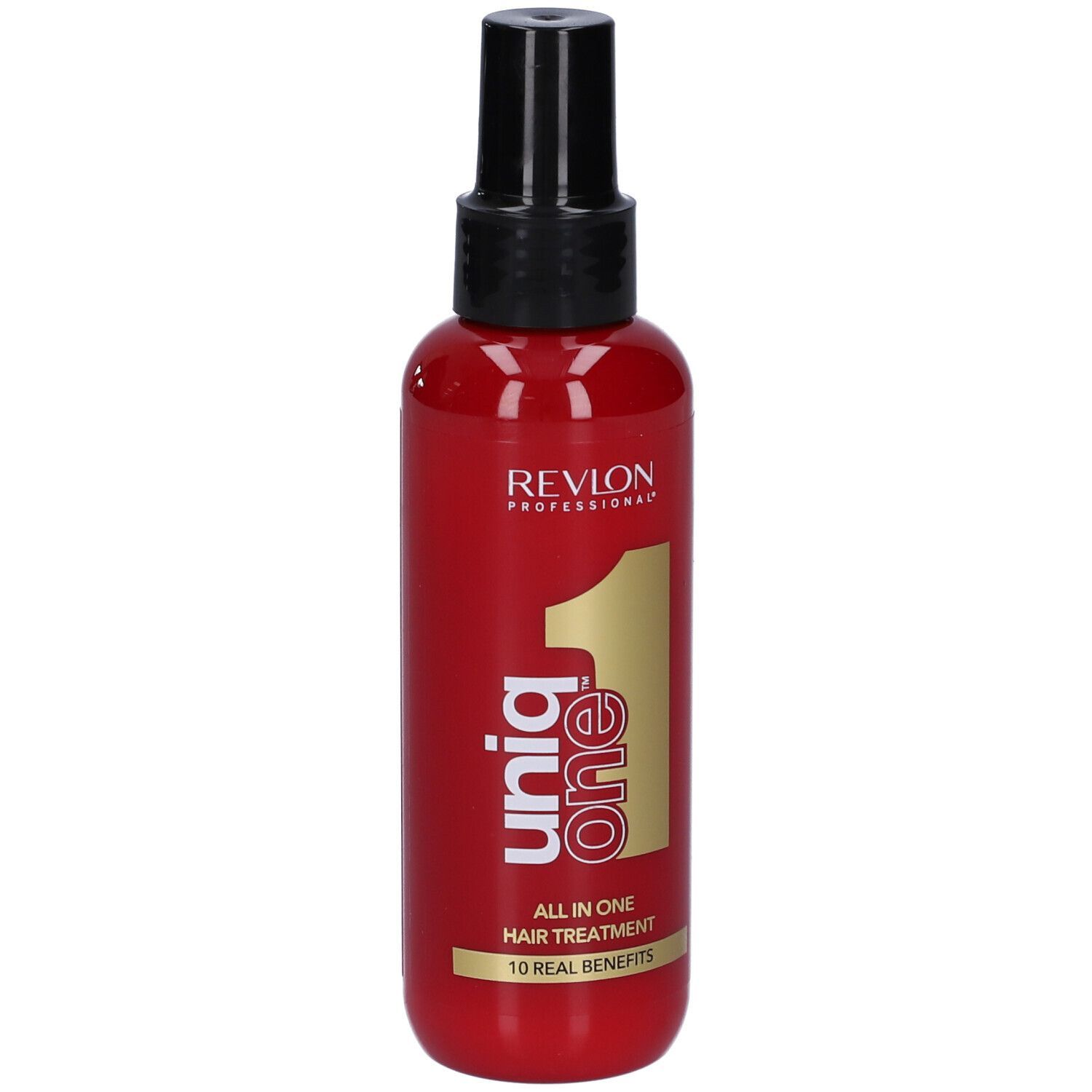 Flacone rosso con vaporizzatore nero. Scritta: Uniq One, All in One Hair Treatment. Numero 1 dorato.