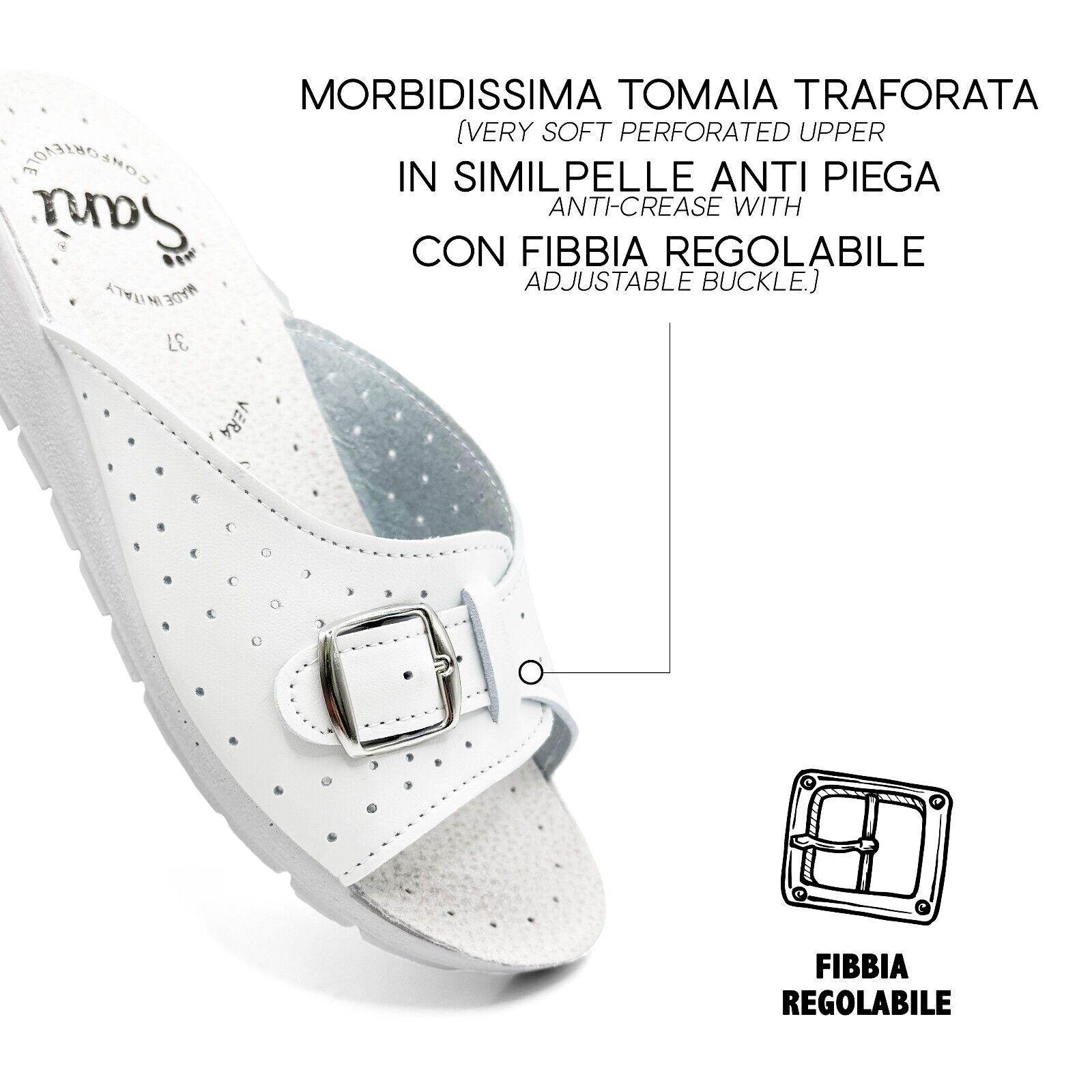 Primo piano di sandalo bianco con fibbia regolabile. Tomaia traforata. Testo: 'Fibbia Regolabile'.