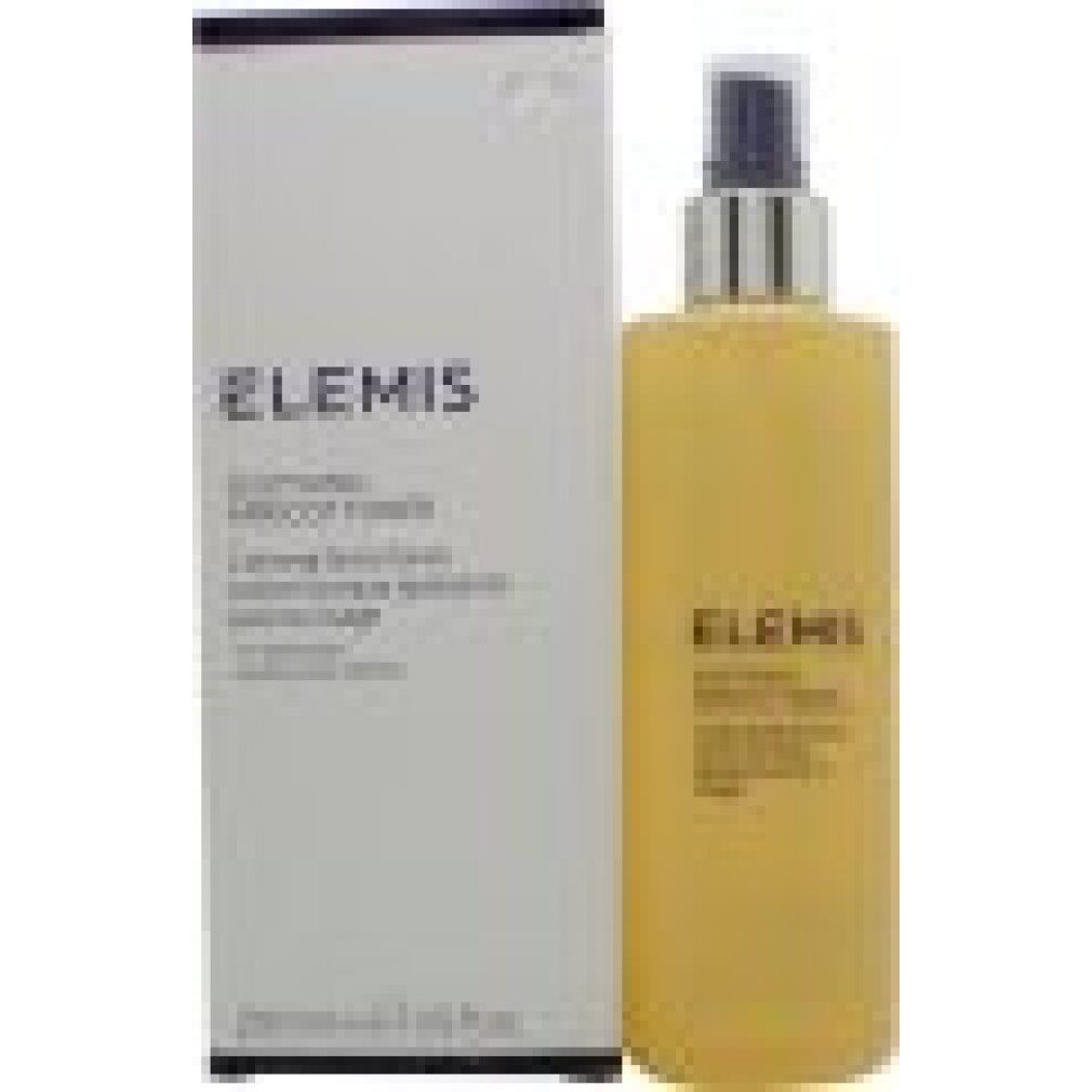 Flacone beige con erogatore spray e confezione bianca. Scritta: Elemis, Soothing Apricot Toner.