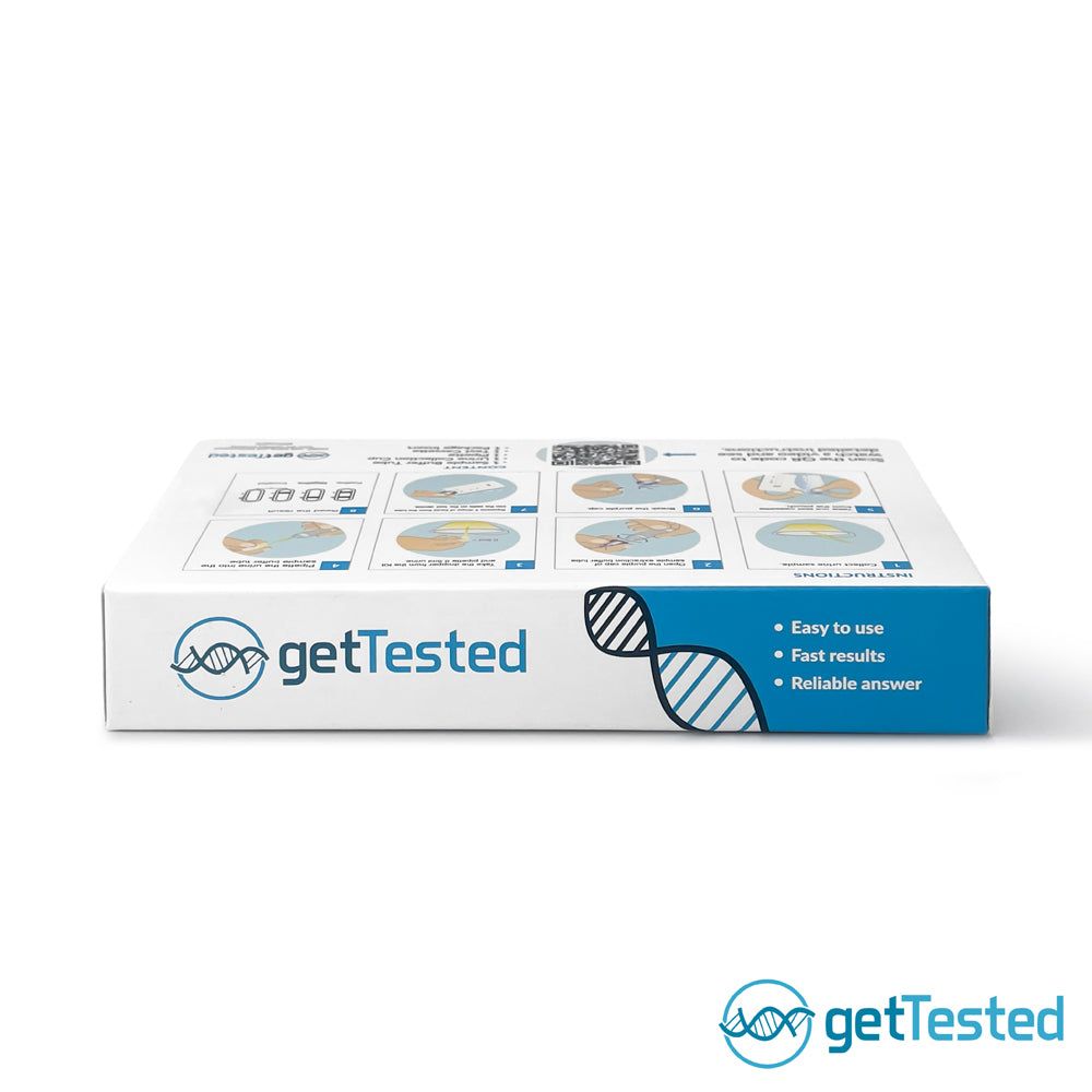 Scatola del test GetTested Chlamydia. Istruzioni illustrate e codice QR. Elenco dei componenti del test.