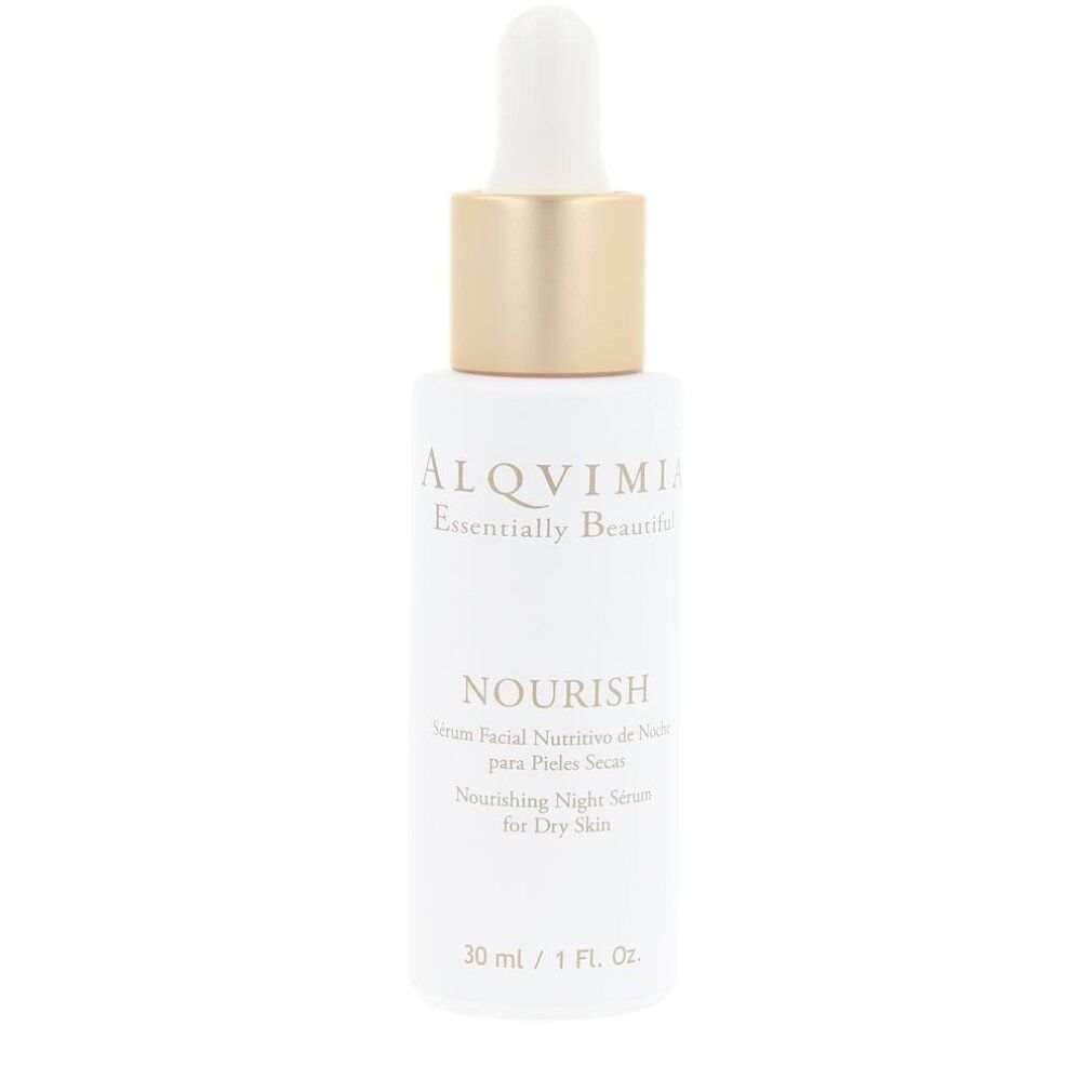 Flacone di siero bianco con tappo dorato e pipetta. Scritta: NOURISH, 30 ml / 1 Fl. Oz. Per pelli secche.