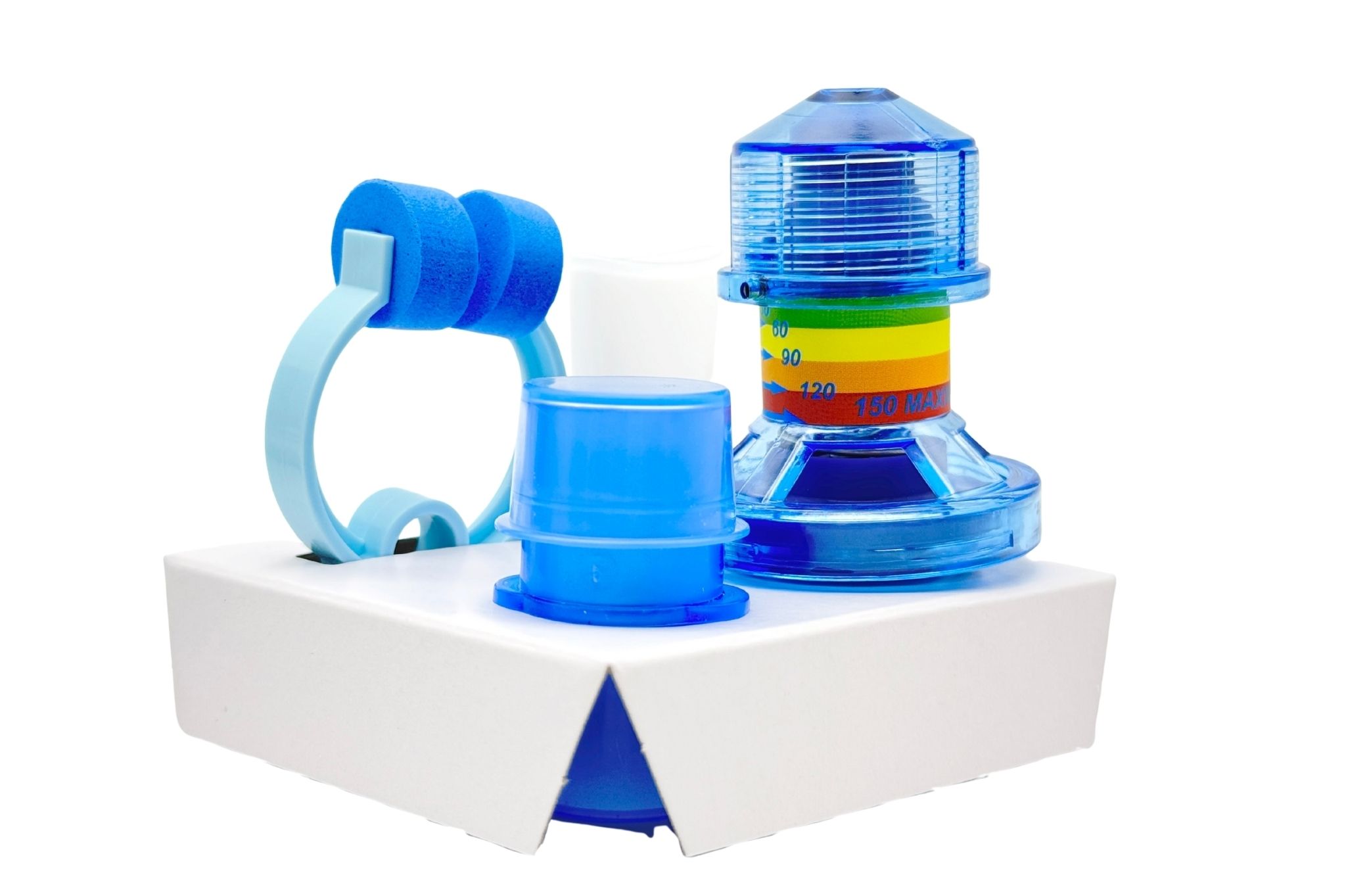 Set per l'allenamento dei muscoli respiratori in una confezione con boccaglio, morsetto nasale e contenitori.