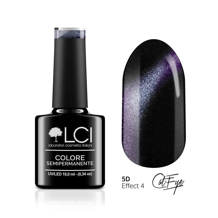 Flacone di smalto e unghia smaltata nero-viola. Scritta: LCI, COLORE SEMIPERMANENTE, UVLED 10,0 ml. 5D Cat Eye.