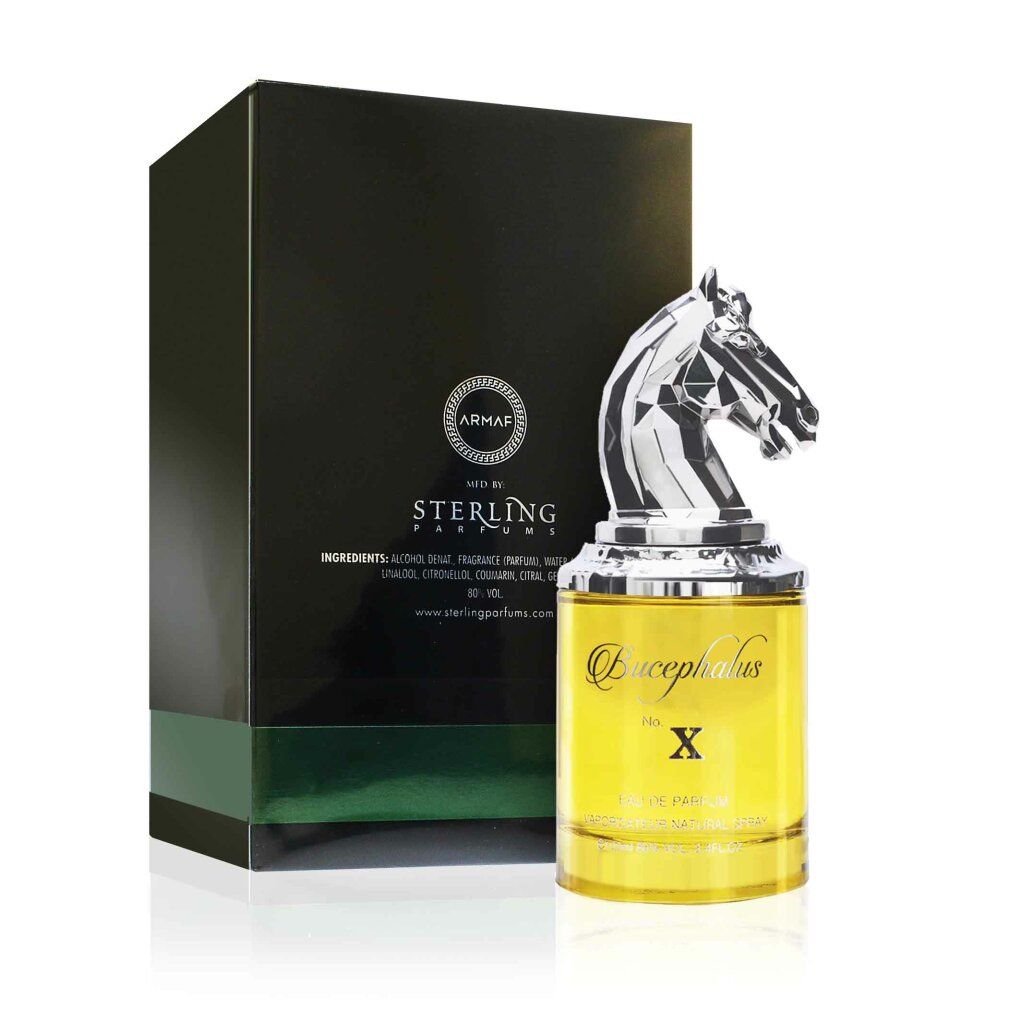 Flacone di profumo con testa di cavallo. Confezione nera con logo e testo. Eau de Parfum Spray.