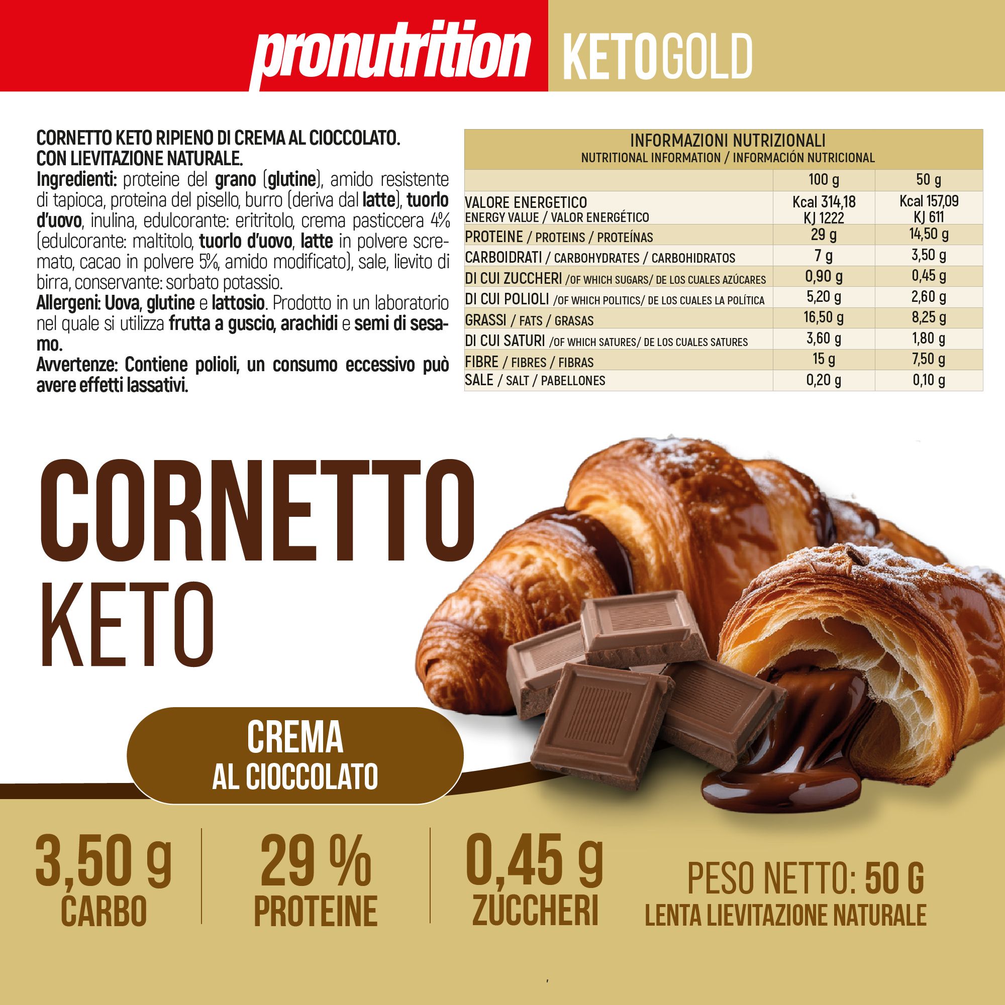 Confezione Cornetto Keto (Crema al cioccolato) con informazioni nutrizionali. Scritta: 3,50 g Carbo, 29% Proteine, 0,45 g Zuccheri, Peso netto: 50 g.
