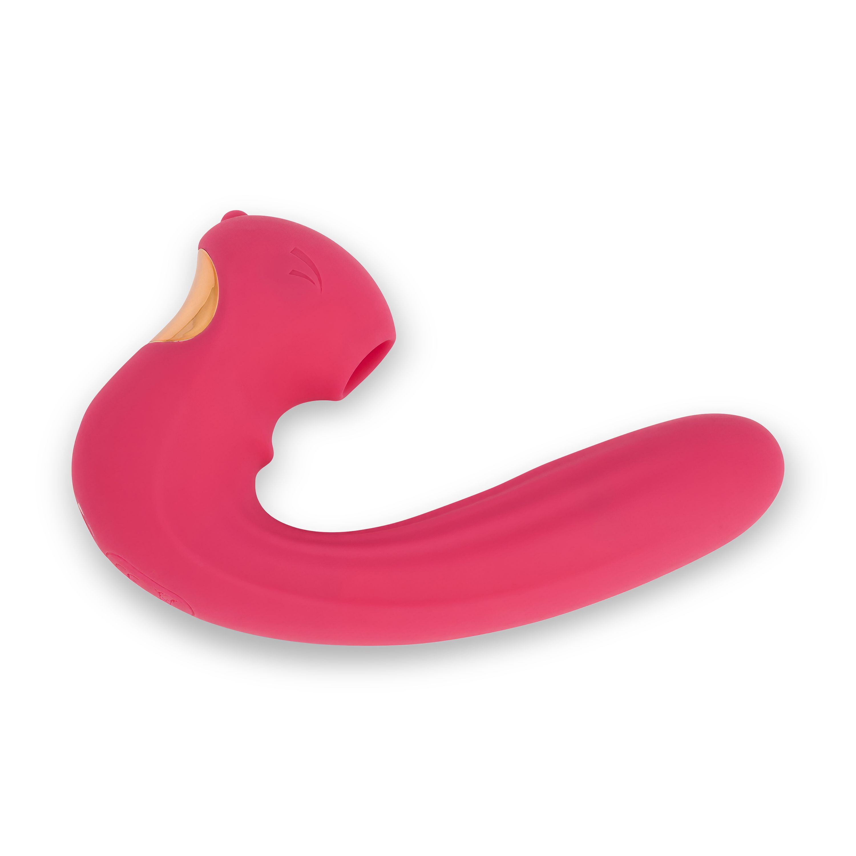 Vibratore rosa dalla forma curva. Apertura visibile sulla punta. Dettaglio dorato.