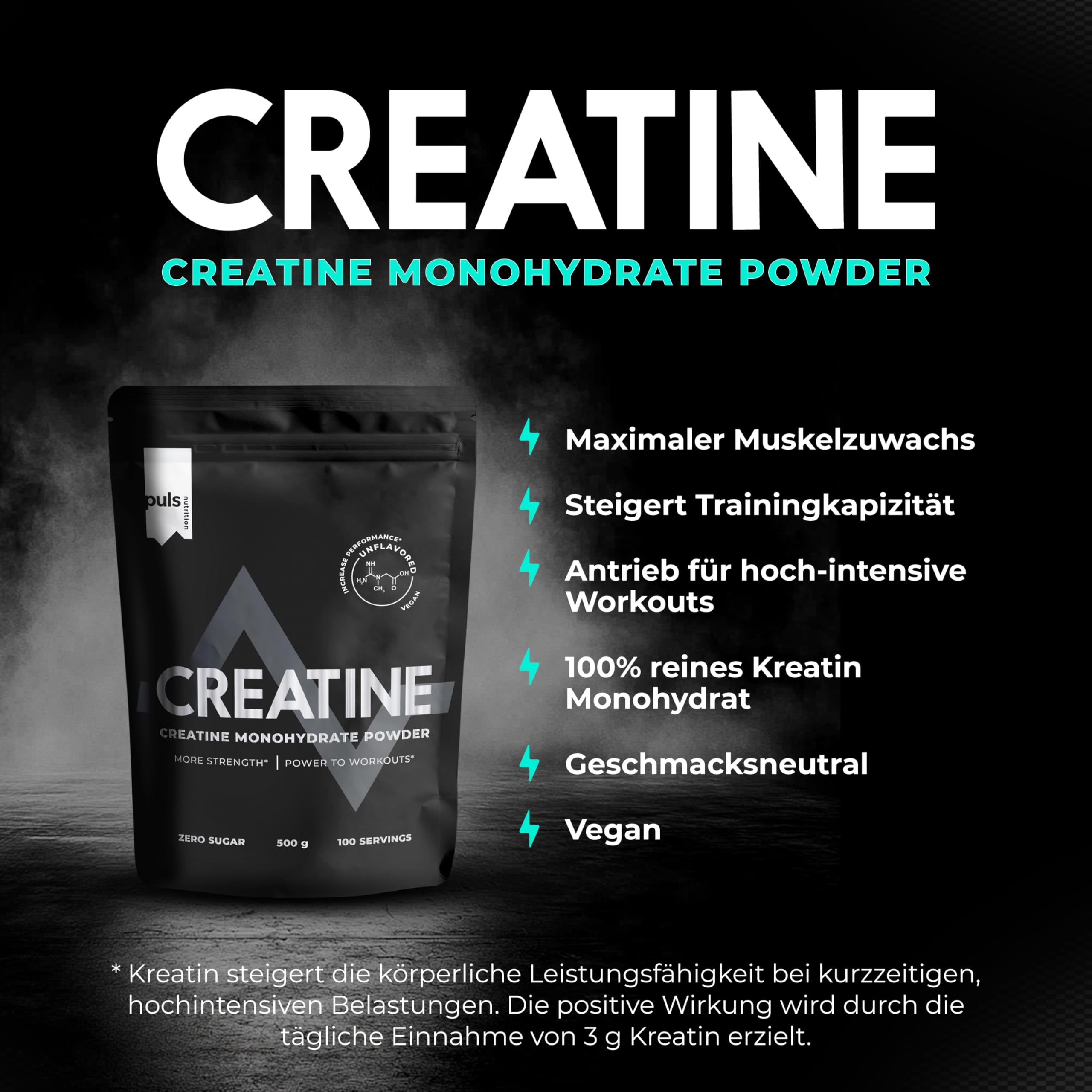 Busta nera con polvere di creatina. Testo: Creatina Monoidrato. Caratteristiche: vegano, insapore, creatina pura al 100%.