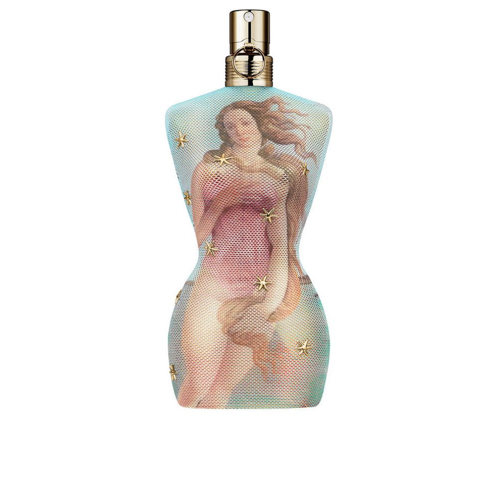 Flacone di profumo a forma di corpo femminile, con stampa di stelle e Venere. Vaporizzatore dorato.