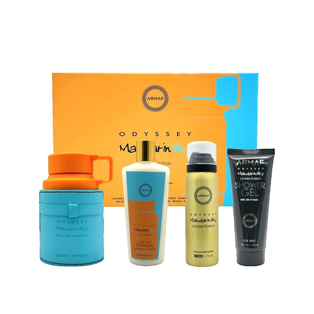 Set regalo con quattro prodotti: Eau de Parfum, gel doccia, spray corpo e lozione. Confezione arancione e blu. Marchio: Armaf.