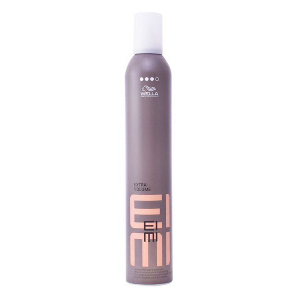 Flacone spray grigio con tappo bianco. Scritta: EIMI Extra Volume. Marchio: Wella.