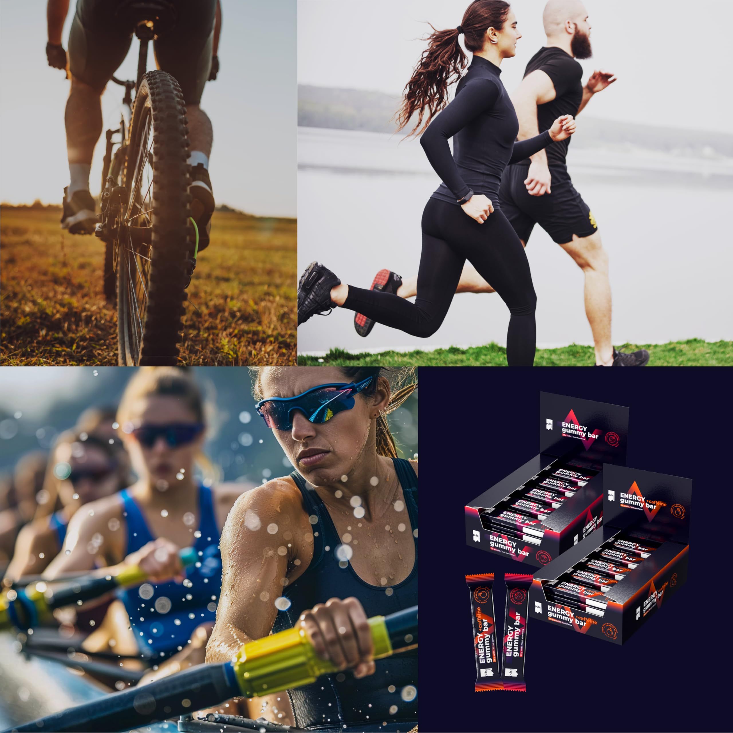 Collage di atleti in bicicletta, corsa, canottaggio e un'esposizione di barrette Energy Gummy Bar.