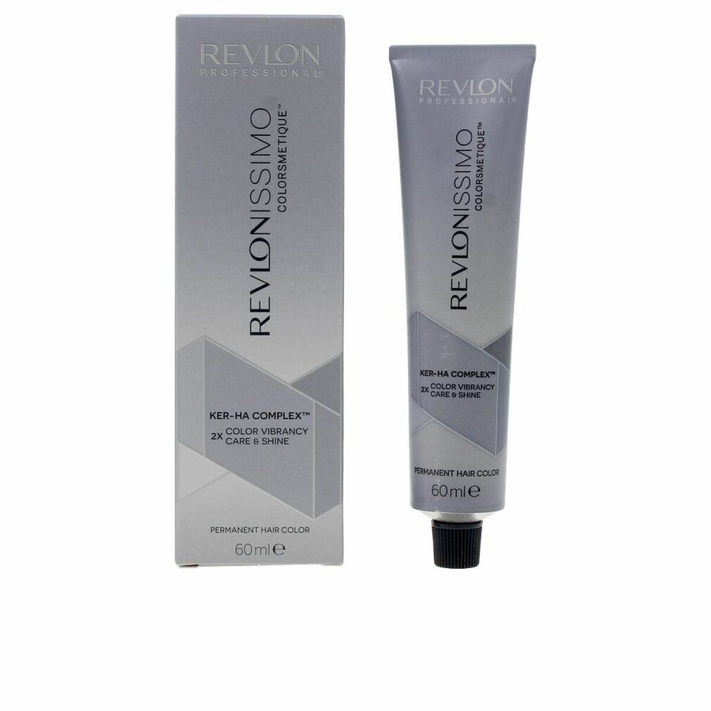 Revlon Revlonissimo Colorsmetique. Tubo e scatola. Tinta permanente. Confezione grigia con informazioni sul prodotto.