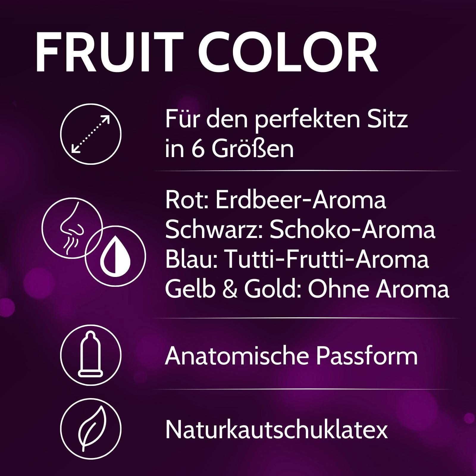 Preservativi fruttati in 6 misure, forma anatomica, lattice naturale. Aromi: fragola, cioccolato, tutti frutti, senza aroma.