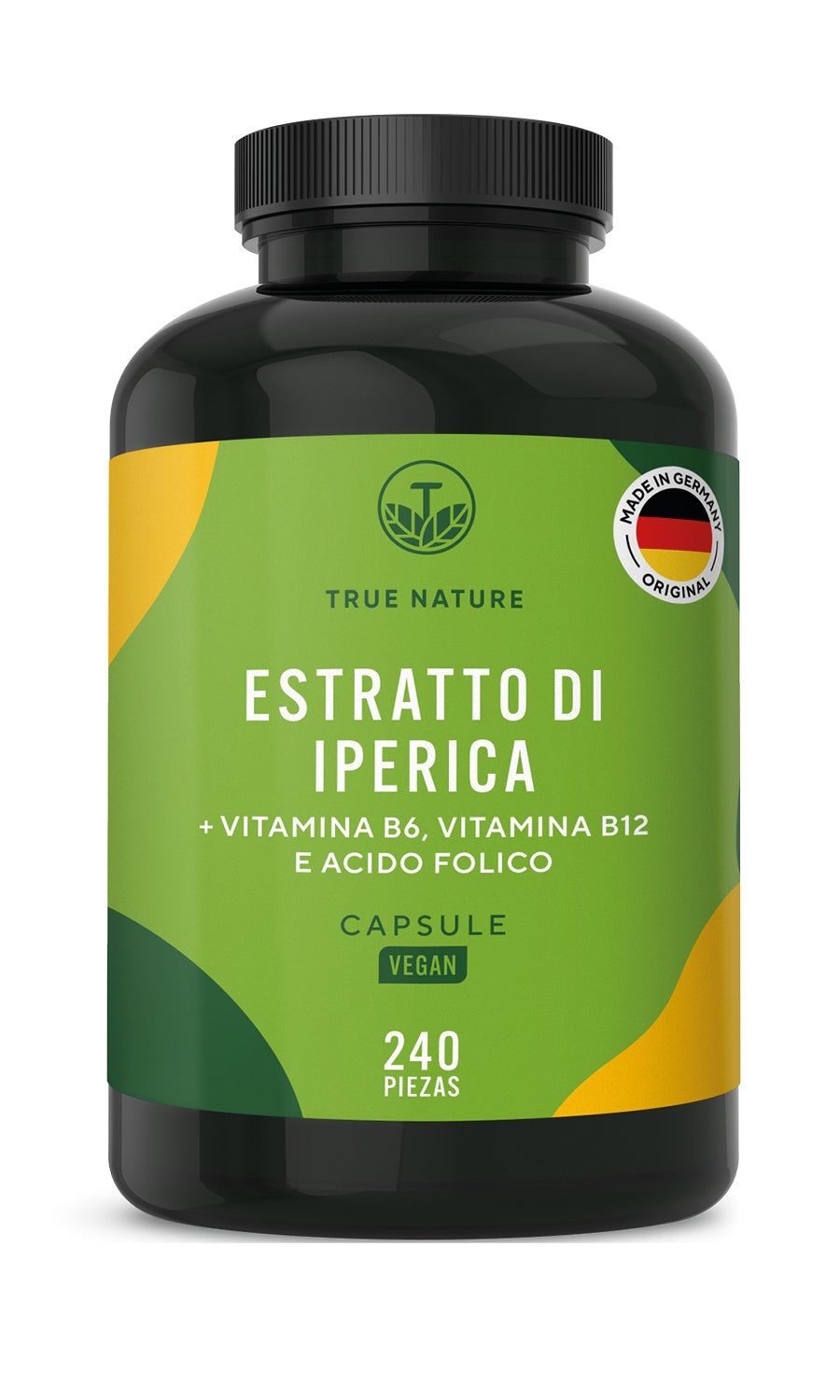 Flacone nero di capsule. Scritta: Estratto di Iperica, Vegan, 240 pezzi. Sigillo: Made in Germany.