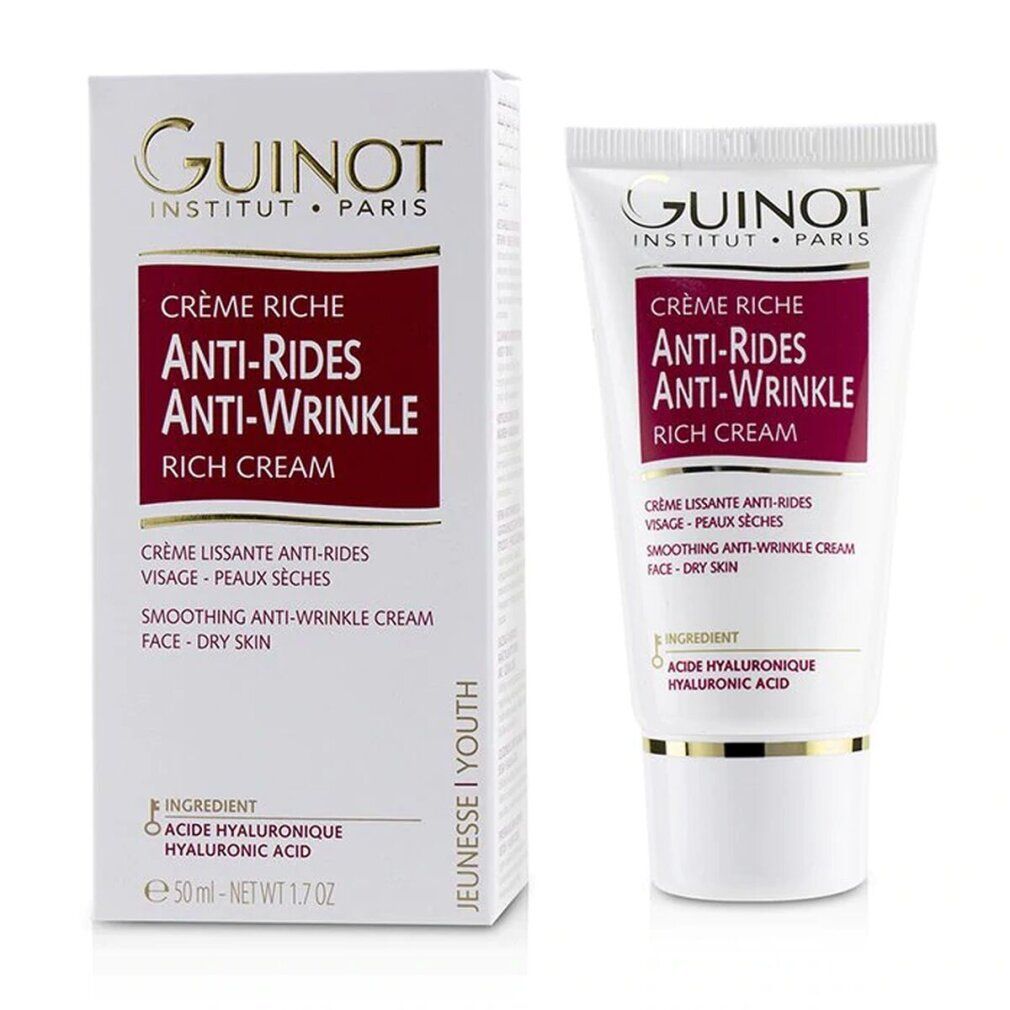 Confezione prodotto con tubo e scatola. Testo: Crème Riche Anti-Rides Anti-Wrinkle. Marchio: Guinot. Per pelli secche. 50 ml.