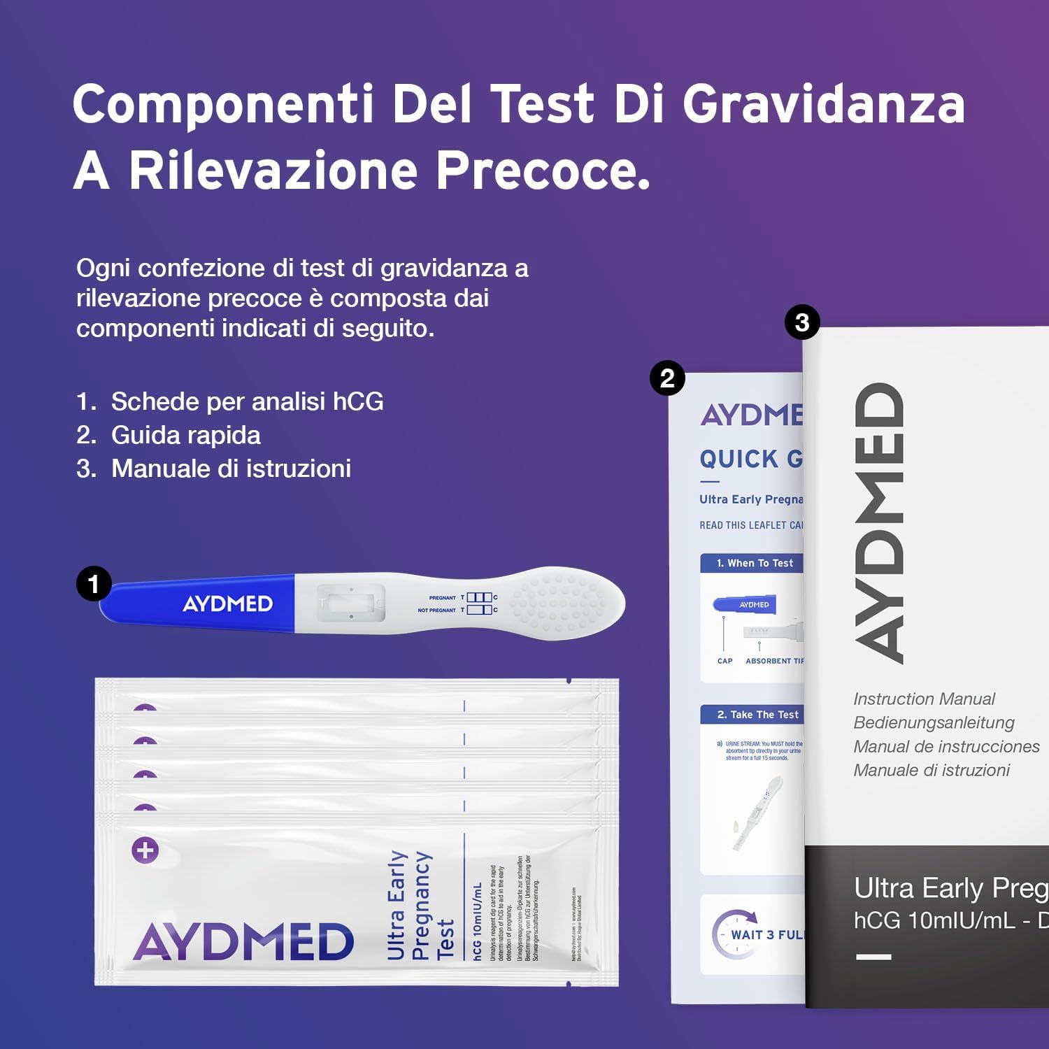 Componenti del test di gravidanza precoce. Contiene strisce reattive, istruzioni e una scatola Aydmed.