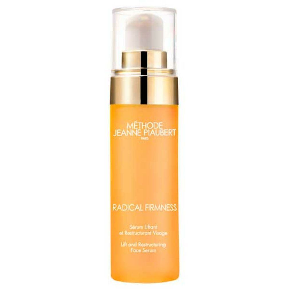Flacone giallo con tappo e pompetta dorati. Scritte: METHODE JEANNE PIAUBERT, RADICAL FIRMNESS, Sérum liftant et restructurant visage, Face Serum.