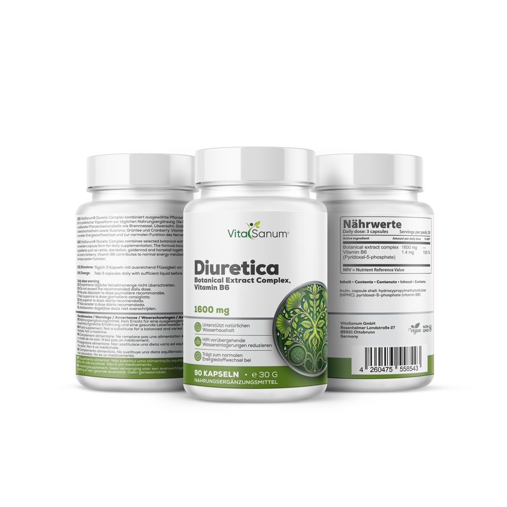 Tre flaconi bianchi con capsule. Scritta: VitaSanum, Diuretica, 1600 mg, 90 capsule. Complesso di estratti botanici, vitamina B6.