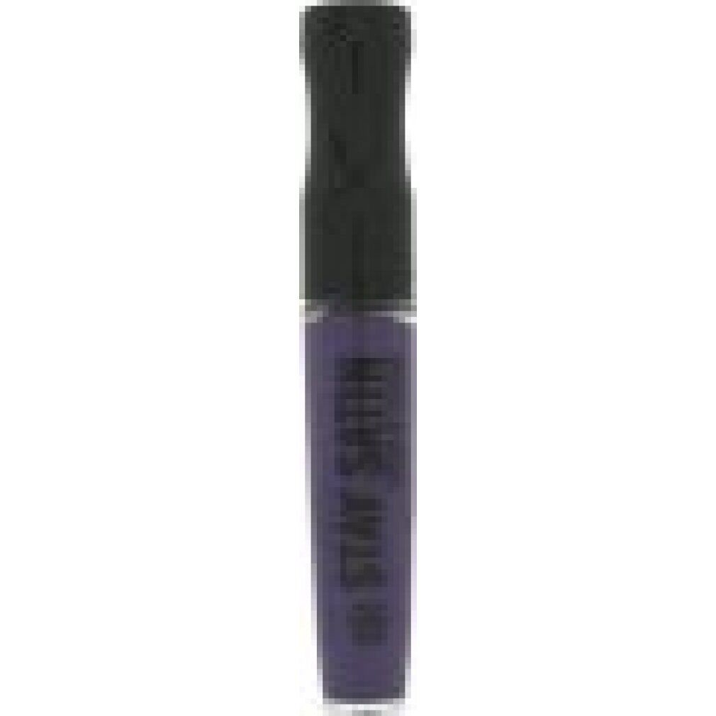 Tubo di rossetto viola. Tappo nero. Testo: STAY SATIN LIQUID LIP COLOUR. Marchio Rimmel.