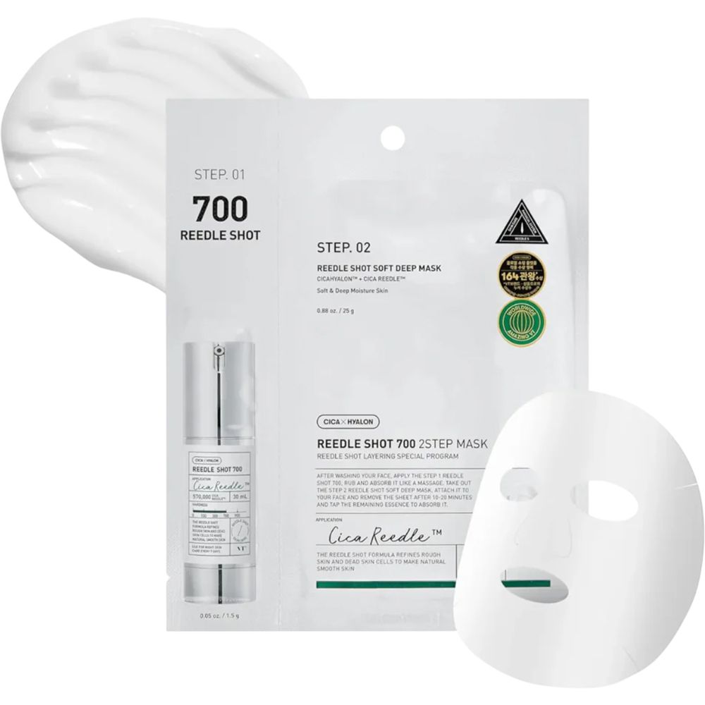 Confezione del prodotto con maschera e flacone. Scritta: 700 Reedle Shot, Cica Reedle. Crema bianca accanto.