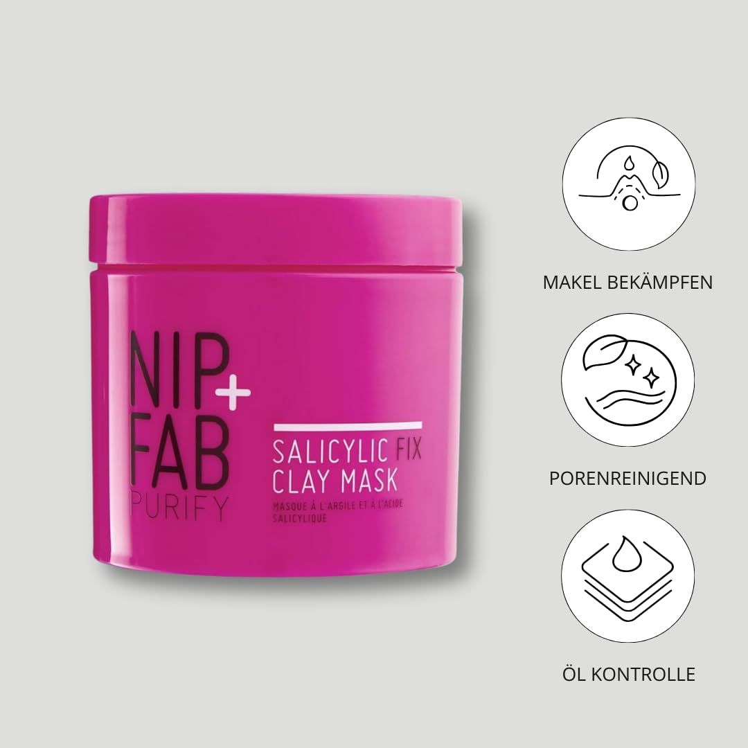 Vaso rosa Nip + Fab Salicylic Fix Clay Mask. Prodotto con icone per la cura della pelle.