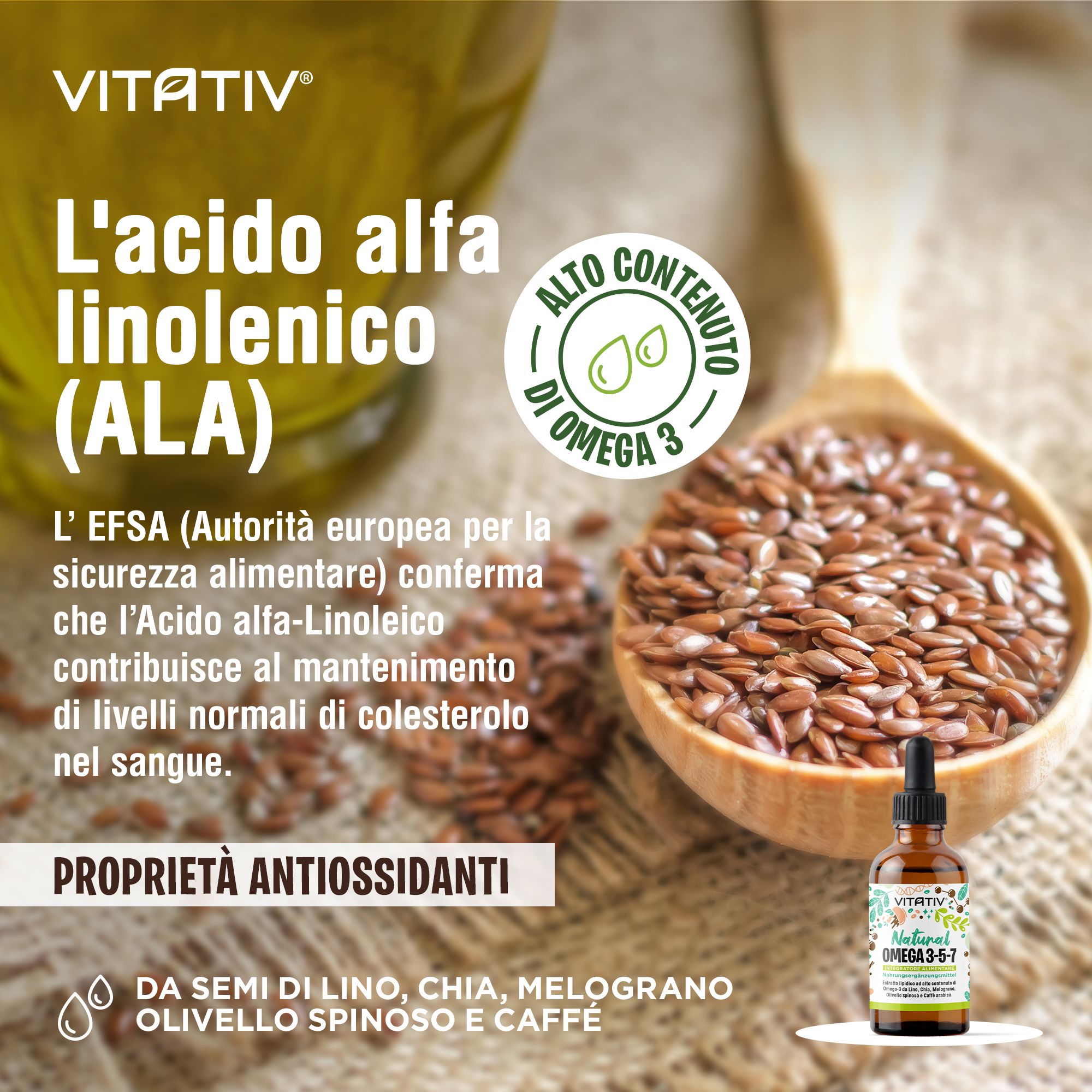 Vitativ® Omega 3-5-7 Fonte Vegetale Acidi Grassi con Acido Oleico, Linoleico, Alfa Linoleico, Caffè
