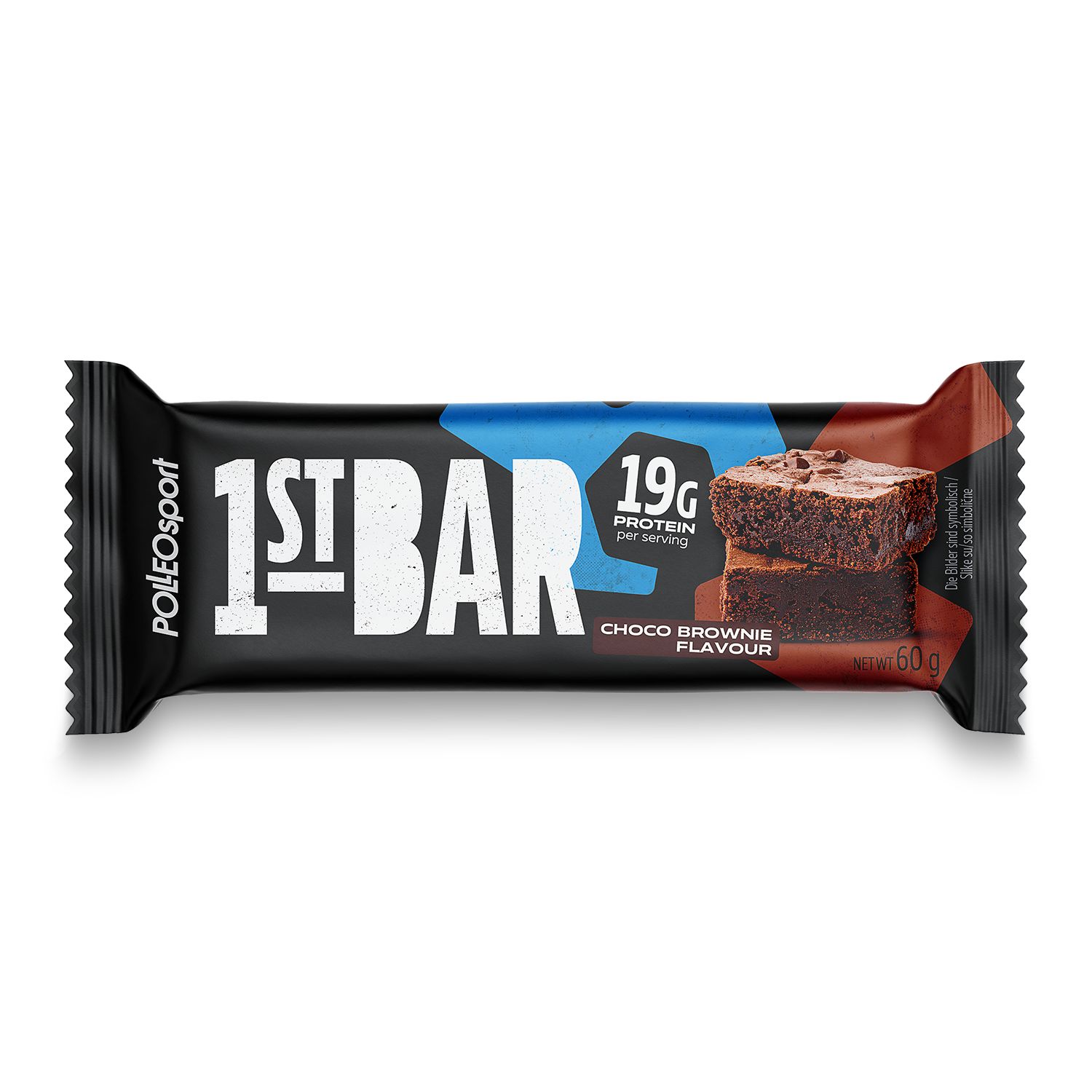 Confezione nera di barretta proteica con scritta '1ST BAR'. Gusto 'Choco Brownie'. 19g proteine. 60g. Marchio: PolleoSport.