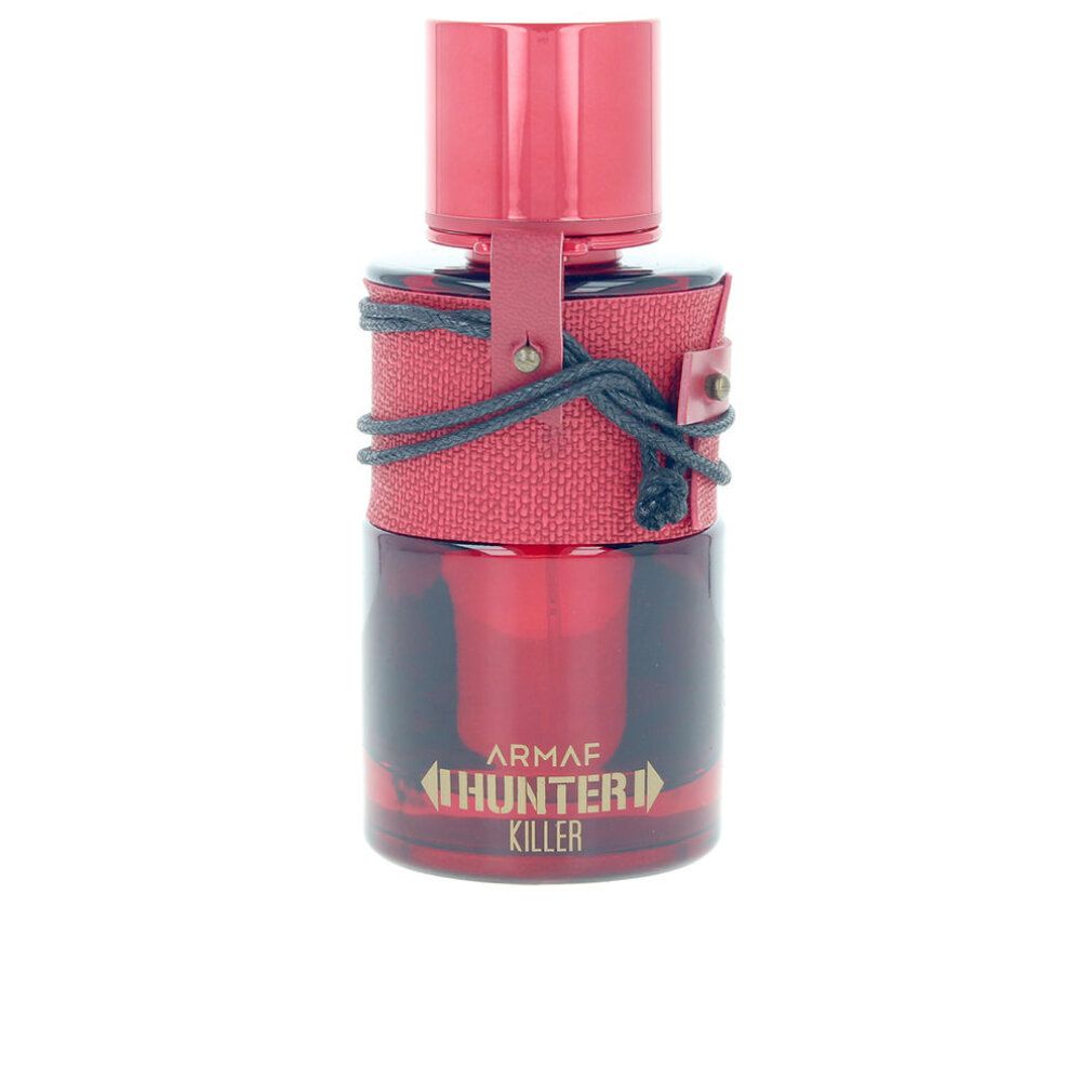 Flacone rosso con tappo rosso e cinturino in pelle. Scritta "ARMAF HUNTER KILLER".