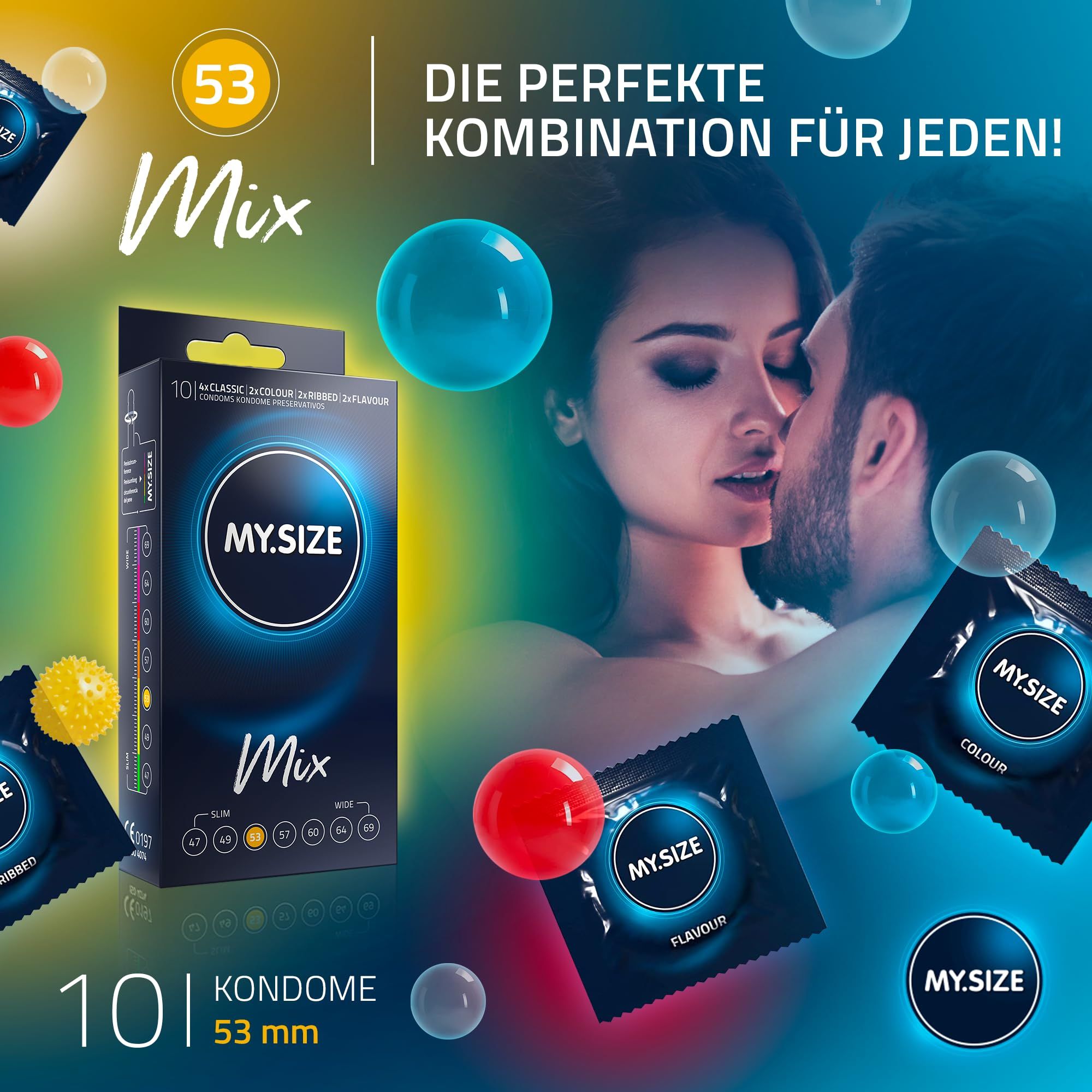 Confezione di preservativi MY.SIZE Mix, 10 preservativi, larghezza 53 mm. Contiene varianti Classic, Colour, Flavour e Ribbed.
