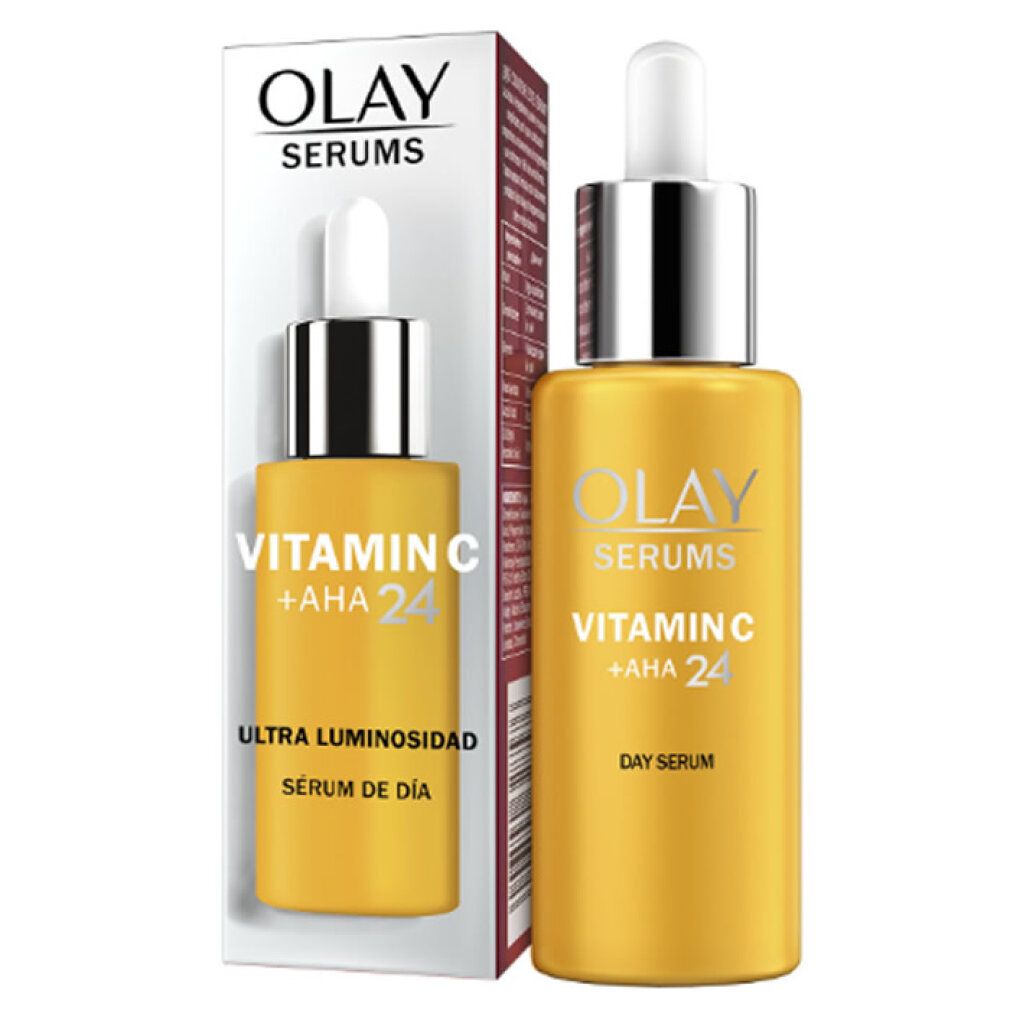 Flacone giallo con confezione. Scritta: Olay Serums Vitamin C + AHA 24. Confezione: Ultra Luminosidad.