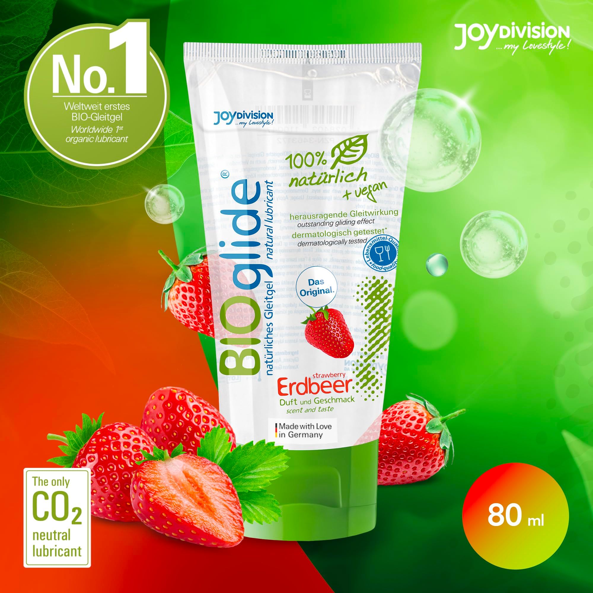 Tubo di gel lubrificante BIOglide Erdbeer con fragole e foglie. Scritta "Made with Love in Germany".