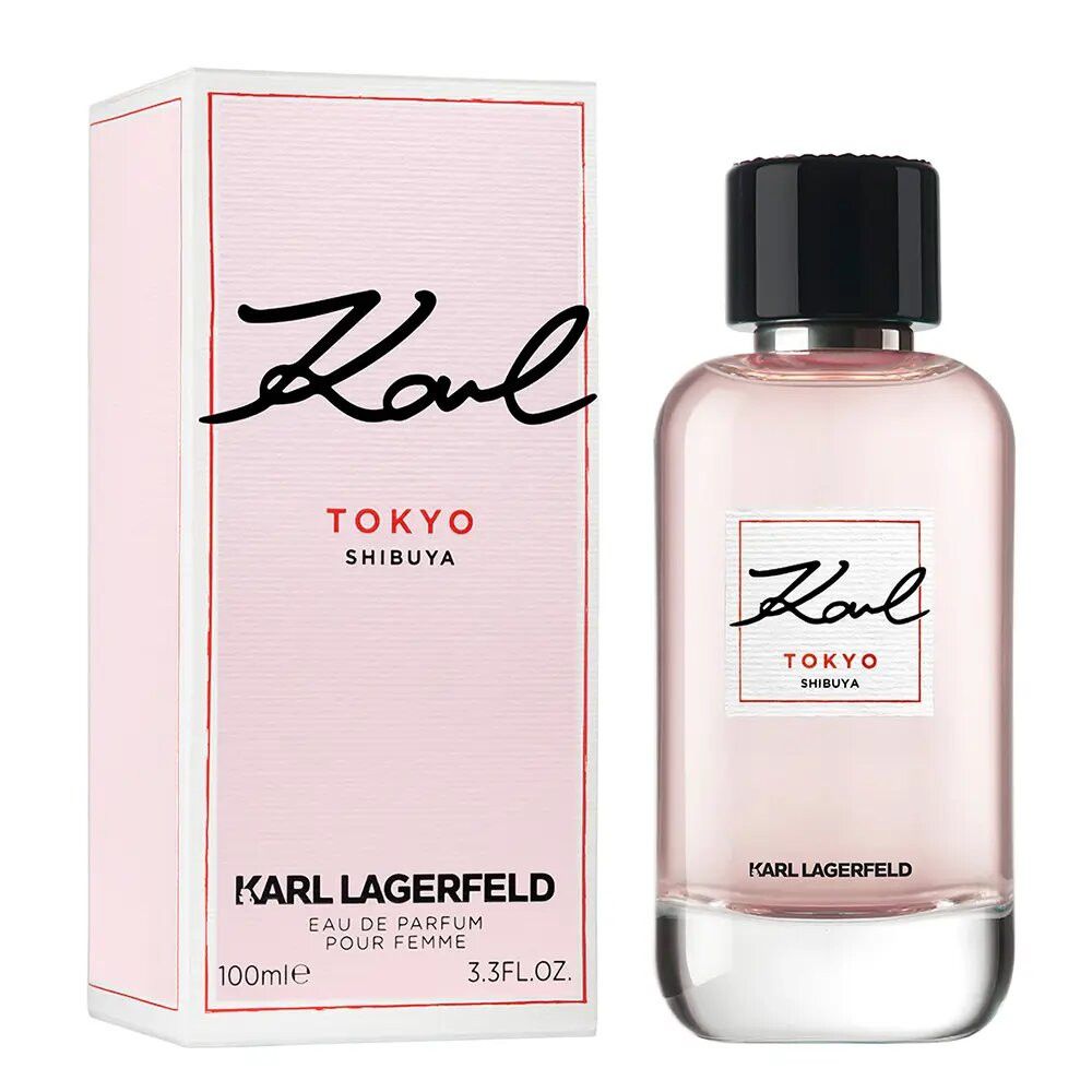 Karl Lagerfeld Kl Tokyo Femme Eau De Parfum Spray. Flacone rosa, tappo nero, confezione rosa. Scritta Karl, Tokyo, Shibuya.