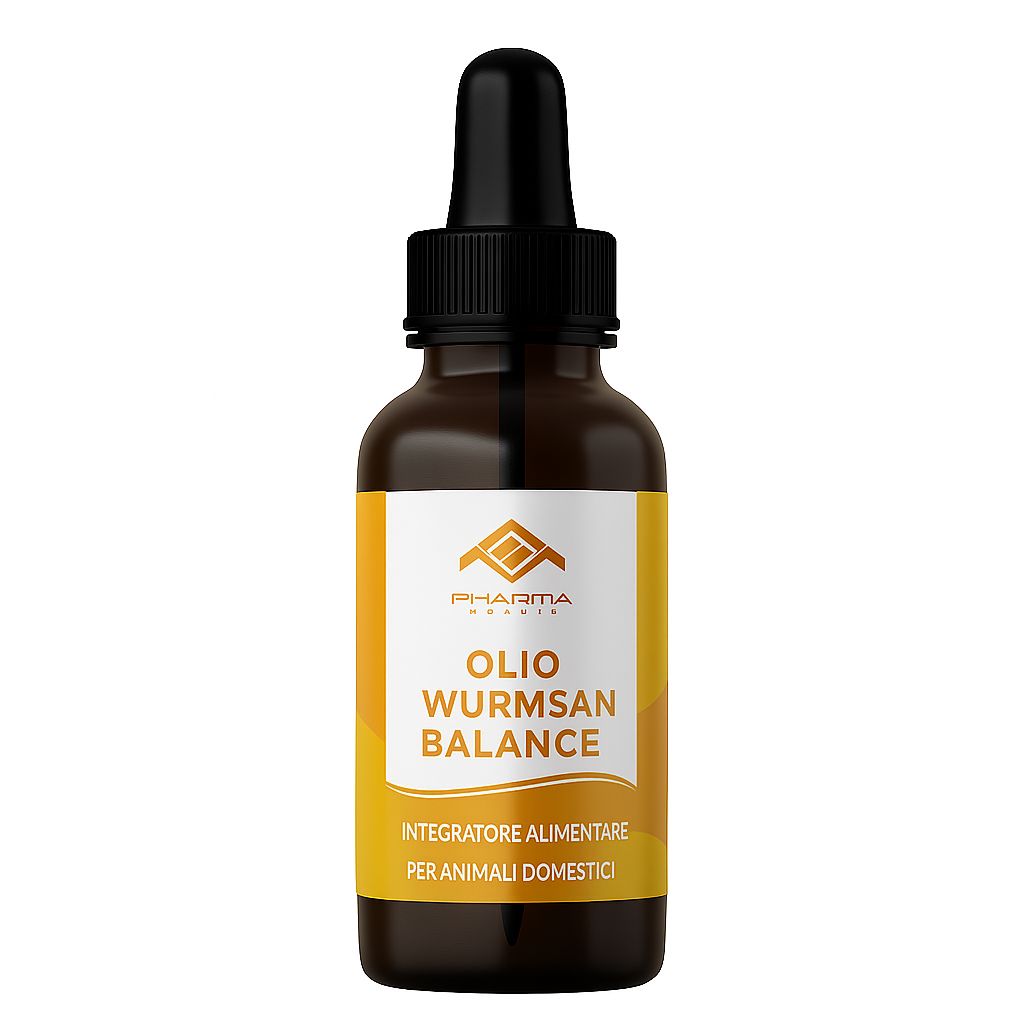 Flacone di vetro marrone con contagocce nero. Etichetta gialla con testo: Pharma Health, Wurmsan Balance Öl, integratore alimentare per animali.