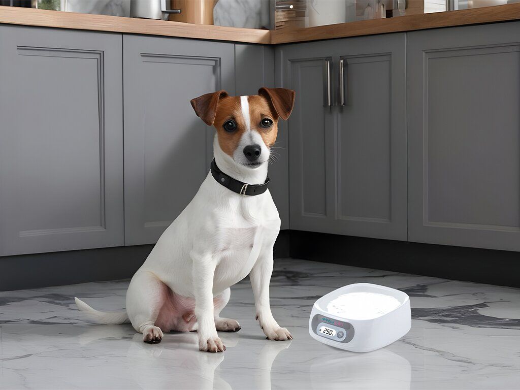 Cane seduto accanto a una ciotola bianca con bilancia integrata. Il cane indossa un collare.