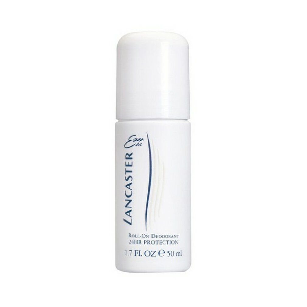 Deodorante roll-on bianco. Scritta: Eau de Lancaster, Roll-On Deodorant 24HR Protection.